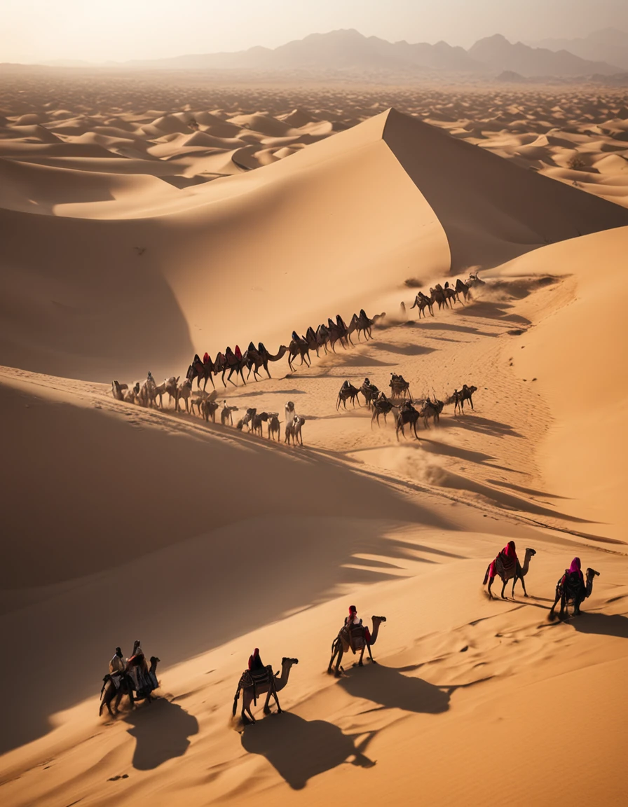 masterpiece,True HD photos,high detal,Highest definition,8K,Leica lens,Huge pyramid, Set against the backdrop of an Arabian desert,Arabian camel caravan in foreground, with many other small pyramids and palm trees in the far distance。 On the right side of the screen,is a huge date palm.