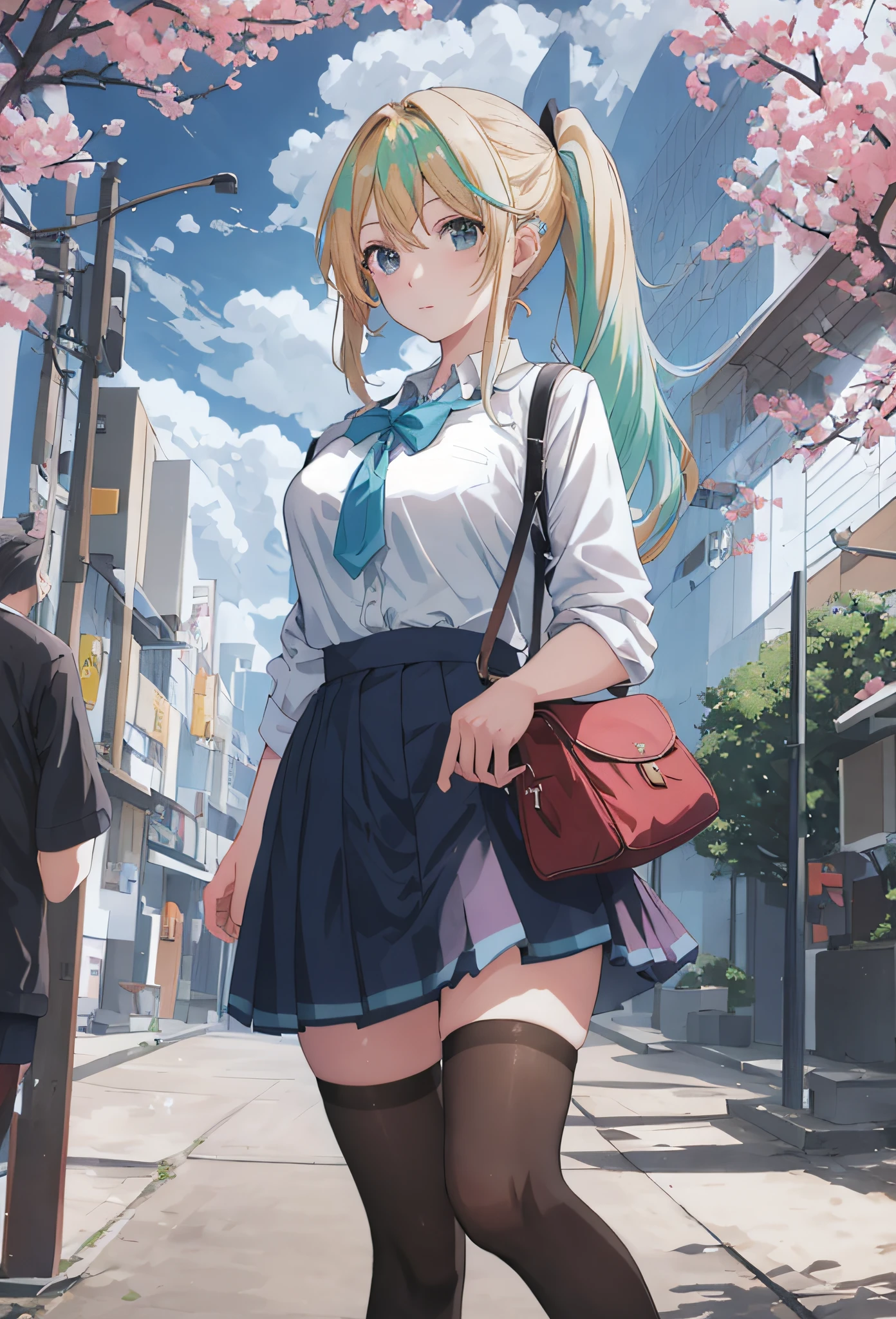 one-girl,full bodyesbian,Golden hair,With triangular hairpins,Blue hairpins,White hairpins,Blue-green hair dyed,Blue-green eyes , pony tails,With purple bow,style of anime4 K, anime wallpaper, 4k anime wallpapers, Anime art wallpaper 4 K, Anime art wallpaper 4k, 4k manga wallpapers, anime wallpaper 4k, Anime wallpaper 4 km, anime big breast! 4K, anime big breast!,城市, mostly cloudy sky,Dark school uniform,black lence stockings,short skirt, From the front side, ssmile, looking at viewert, exteriors,the street,traffic light,pedestrian walkway,the cherry trees,On the way to school,Student uniform, bookbag,Leather bags,