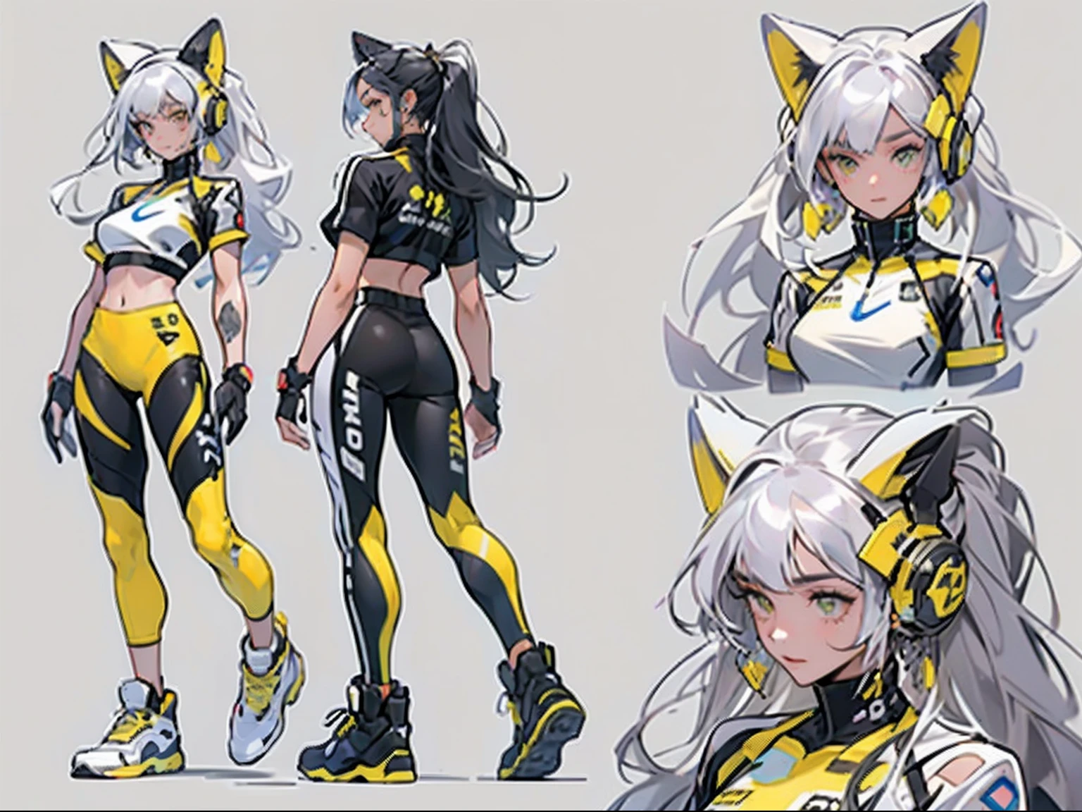 Best quality，tmasterpiece，Ultra-high resolution fills the picture，Inside the gym,Sporty girl,Has a cat tail，The face is the head of a white cat，Night indoor black and yellow background color scheme，Neon lights，Sports tights，Sportswear,Yellow and black tracksuits,Liquid color matching clothing,the complex background，Weight instruments in the background，High-tech screen in the background，Lateral face，Smiling，Dress less，There are fitness elements in the rear，Nike brand，Tech gym，Various sports accessories,Various gym scenes,Perfect makeup，Love eyes，8K quality，Cyberpunk，sense of science and technology，Character backlighting，rim-light，Movement changes，Flowing hairstyle，Loose hairstyle,Silvery-white hair，The number of fingers is refined，Luminous stud earrings and luminescent digital necklace，Wear an electronic digital watch，Sports headphones，The most beautiful girl in mankind，Dye hair,Delicate close-up of the face，The overall picture is yellow and black, And the color scheme is realistic and realistic，Super light and shadow，Very good figure，English slogan neon，Runway lights