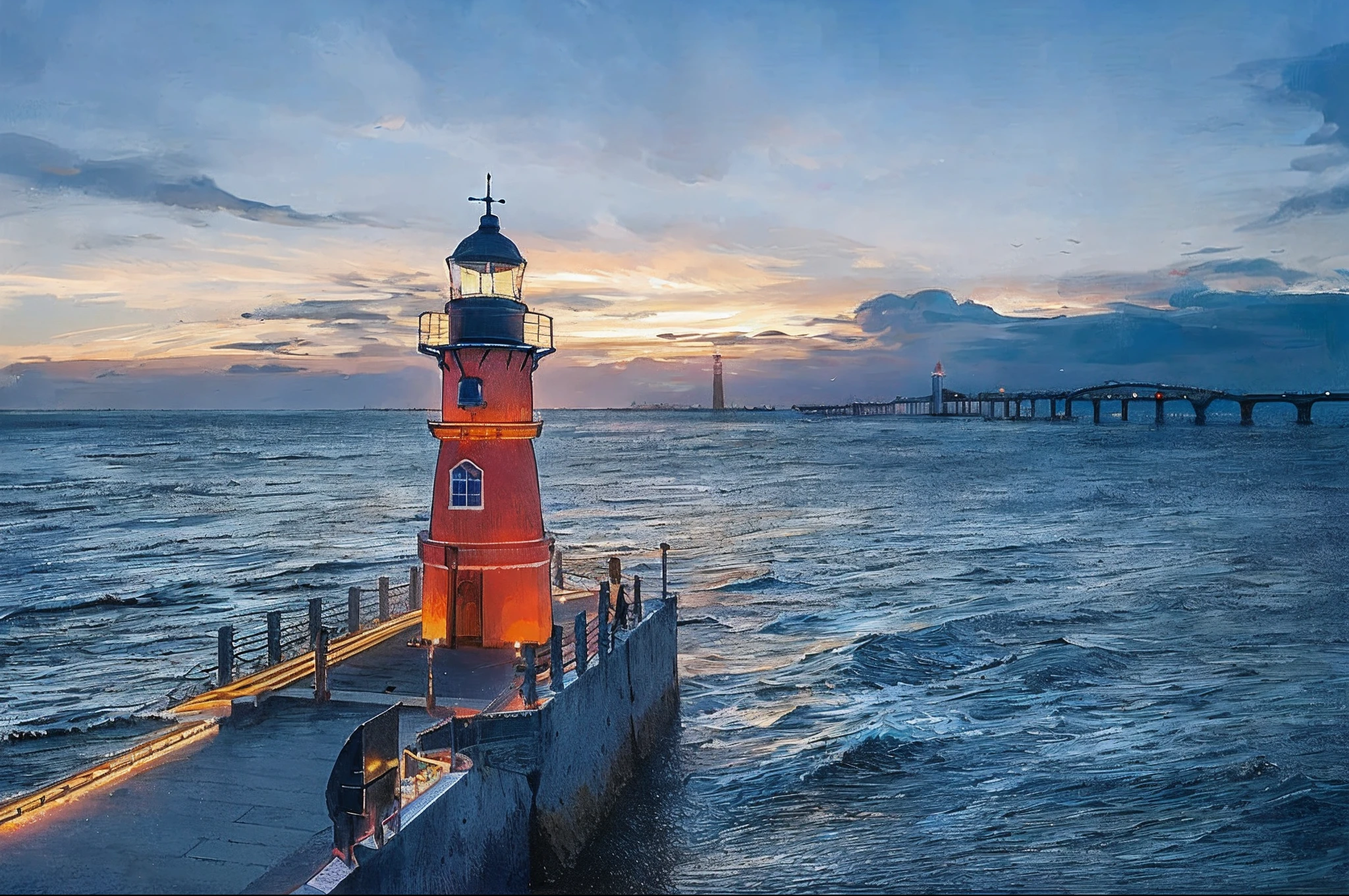 Alafard Lighthouse on the pier at sunset,In the background is a bridge, lighthouse, lighthouse, Barra Lighthouse, author:Jürgen von Henderberg, author:Sigmund Freudenberg, vibrant scene, lit in a dawn light, author:Alexander Bogan, author:Emmanuel Boucher, author:Jacob Burke, author:Alexander Kucharisky