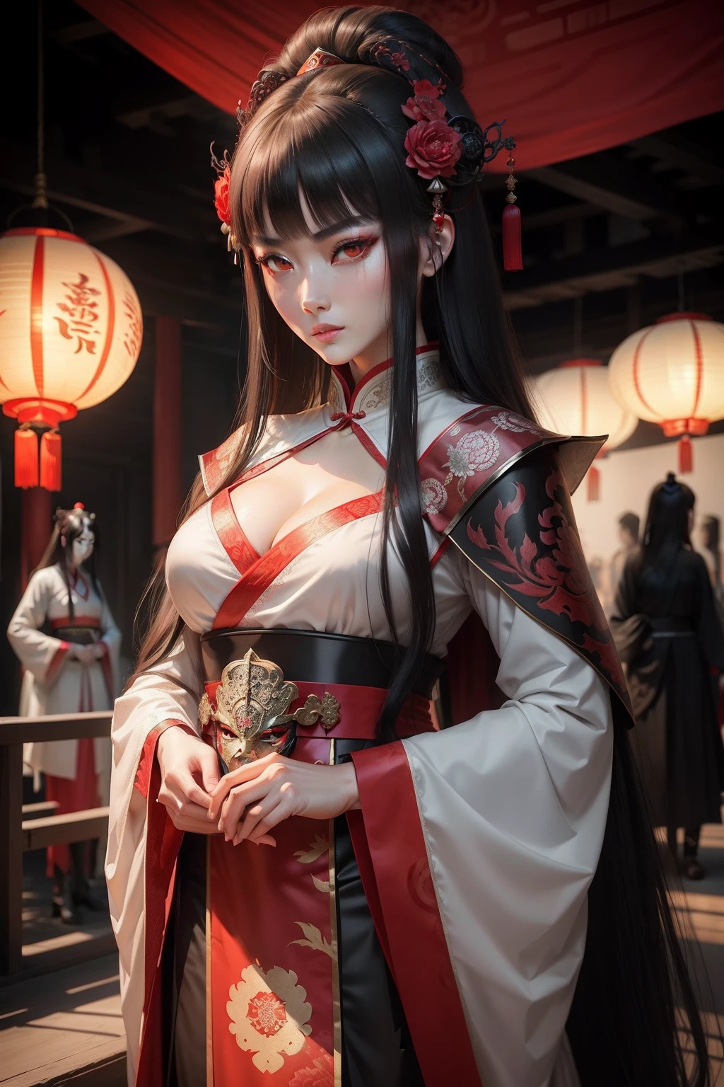 Longhaired Beauty，Tall and tall，Tang dynasty，Ancient China，Red eyes，The eyes are cold and evil，Chinese face，Impeccable，delicated，Ancient Hanfu，period costume，（Background with：Dark and terrifying，Countless ghosts，terroral，thriller）Cursed girl，Chinese horror，Mask half mask，Ancient design sense mask，White paper lantern，cleavage
