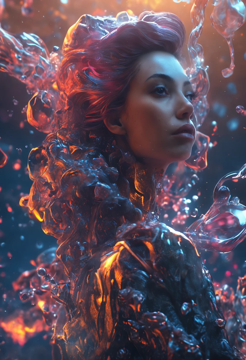 ModelShoot style, (Extremely detailed Cg Unity 8K wallpaper), A chaotic storm of intricate liquid smoke in the head, Stylized beautiful full-length abstract portrait, wetted skin, author:Petros Afshar, ross tran, tom whalen, Peter Mohrbacher, Art germ, Broken glass, ((bubbly underwater scenery)) Radiant light octane rendering is highly detailed
