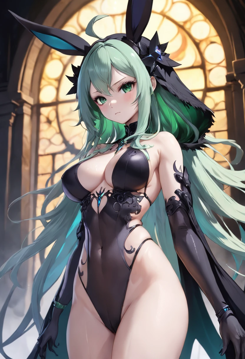 (nsfw),very sagging breasts,The whole body is beautiful and gorgeous Final Fantasy style bunny and human-like, clean detailed faces, intricate clothing, analogous colors, Glowing shadows, beautiful gradients, depth of fields, CLEAN IMAGE, High quality, high detailing, High Definition, Luminous Studio graphics engine. .....Queen Shadow has a sleek and mysterious appearance, Midnight black fur and pierced emerald green eyes. She has a stylized crescent moon tattoo on her right shoulder、Her aura exudes something dark, Spooky energy. She wears a flowing black cloak with silver lining, A tight-fitting black suit that shows off its supple figure.