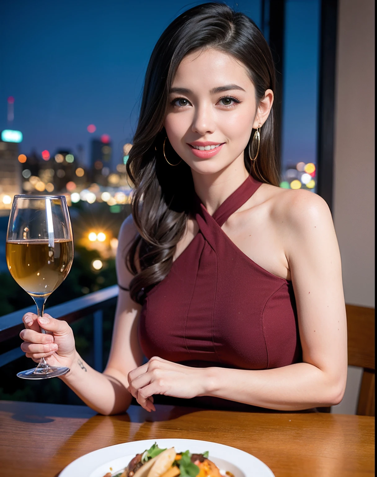 (64K, UHD, top quality, masterpiece: 1.2), (realistic, photorealistic: 1.37), super detailed, pretty woman 1 person, (slim face), (slim body), (brown hair), (short cut), cheeks slightly blushing, (44 years old), 38 years old, solo, beautiful detailed urban night view outside the window, restaurant, wine glasses sit, at night, in a prominent placeNovaFrogStyle, Actress, Model, Waist Up, White Wine, Slim, Wine Glass, Super Clean Night View, Wine Glass Put in the Middle, Happy Smile, (Smile: 1.15), Beautiful Fine Eyes, Upper Body, Bust Japan Up, Night, Short, Short, Actress, Model, Waist Up, White Wine, Slim, Wine Glass, Super Clean Night View, Wine Glass Put in the Middle, Happy Smile,