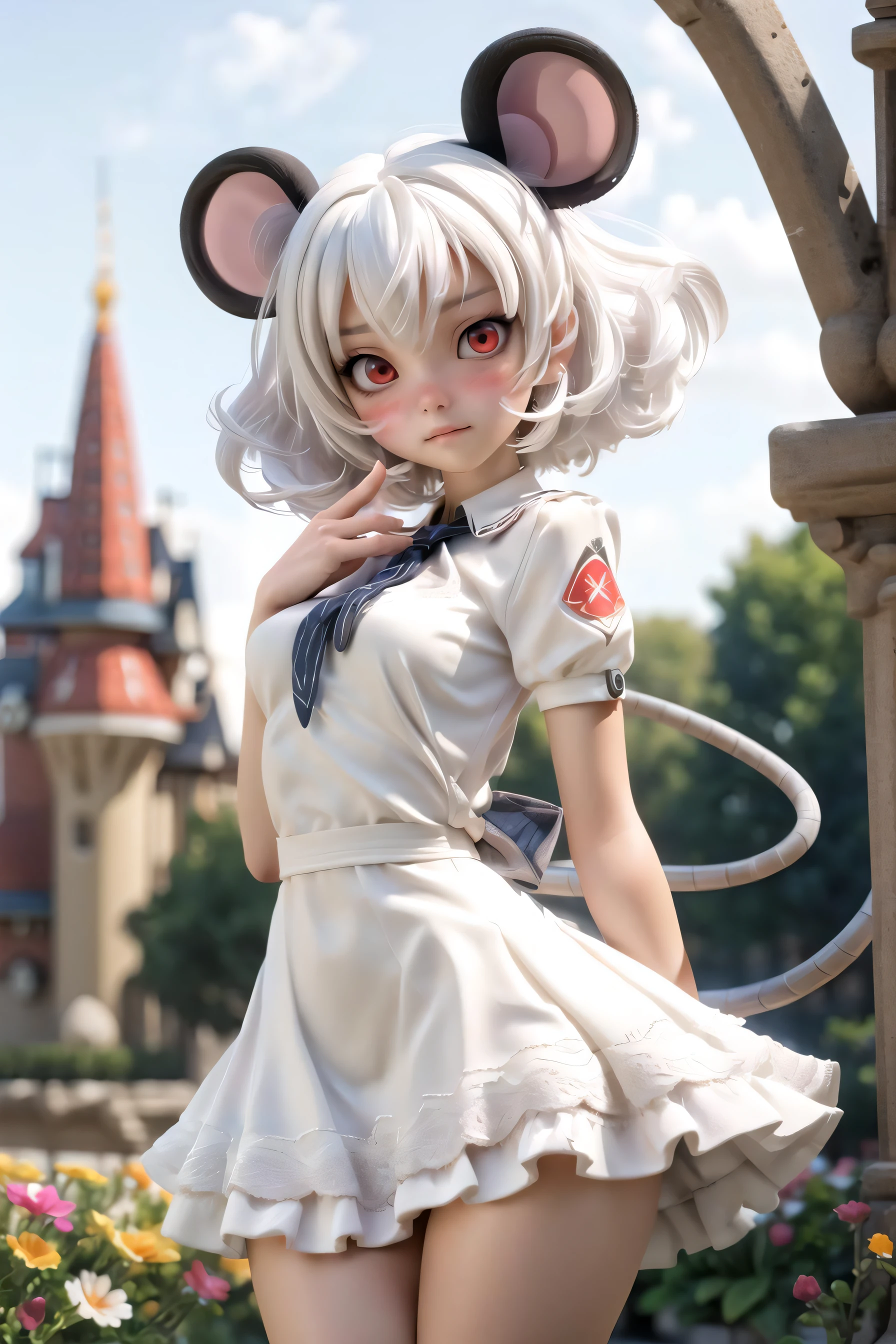 (masterpiece,best quality),HDR,high-definition,Intricate Details,vray render, octane render, 1girl, cute, thick thighs, pale skin, red eyes, short white hair, mouse ears, dynamic pose, beautiful background, light dress billowing in the wind