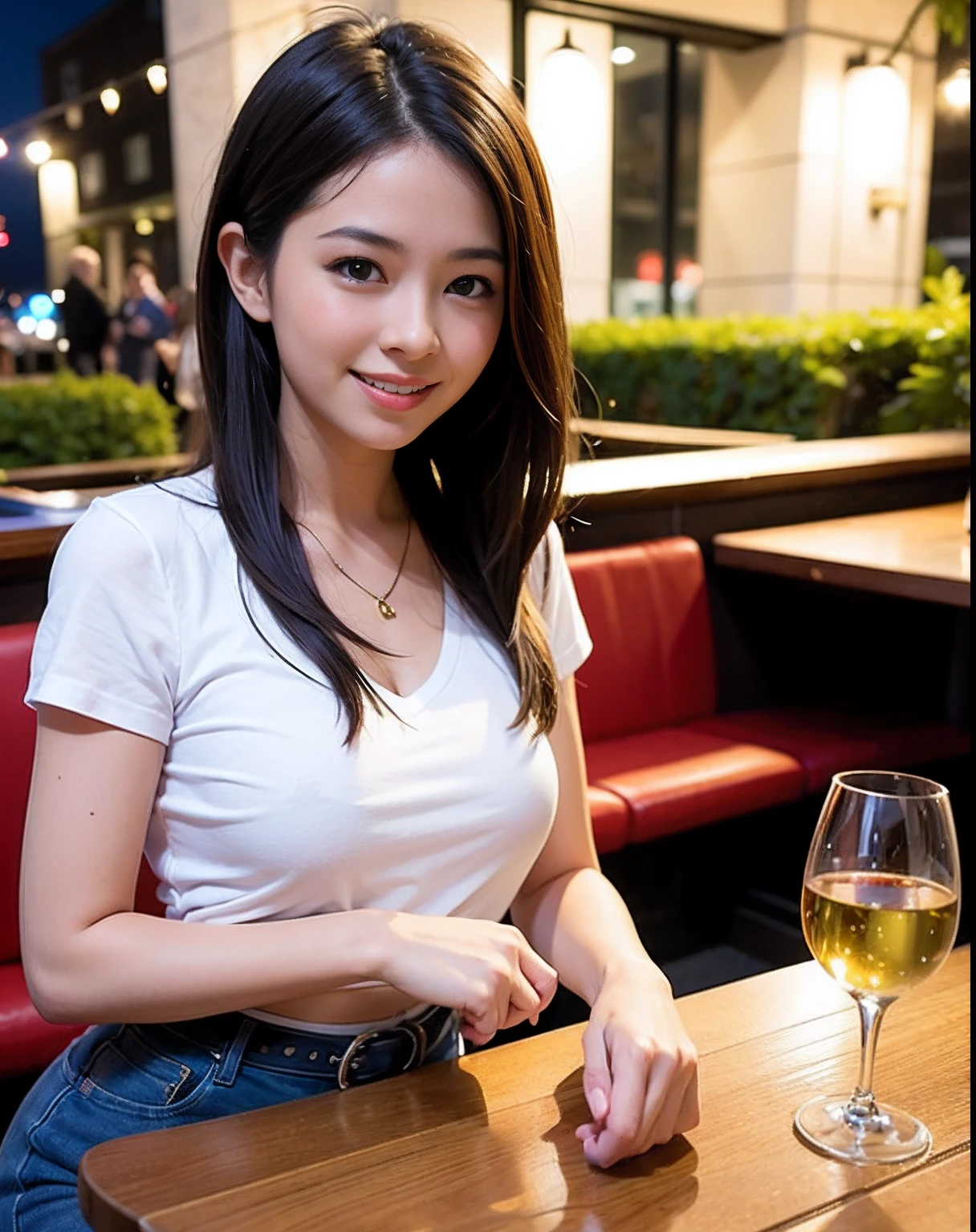 high-definition images, atmospheric perspective, 8k, super detail, accurate, best quality, a woman, drooping eyes, sleepy face, blush, in the city, (busy, skyscrapers), (skirt, show off her tiny luxurious lacy panties, spread legs), high boots, necklace, terrace on the sidewalk, takes a seat, (other customers), night scene, ((drinks and dishes are on the table)), angle from below,