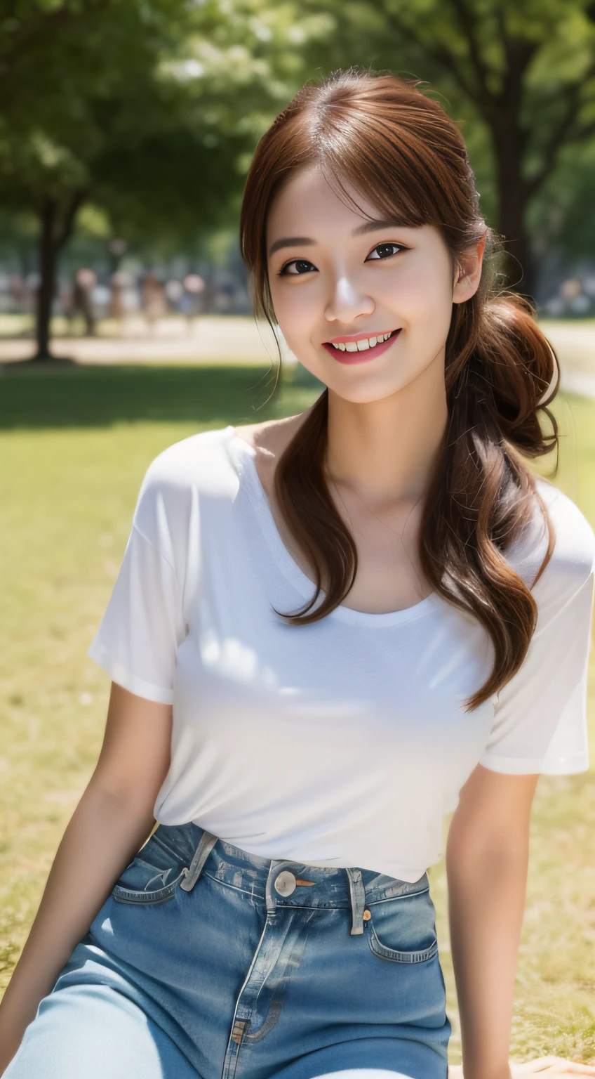((Best Masterpiece)), ((High Quality)), ((Real)), ((8k)) ((2 beatiful girls)) ,((white t-shirt and tight denim pants)), Japan persons, 30 years old, 2 beauty, slender, sony slr photography, looking at camera, cute, swimwear, nature, real, posing, super high quality, photography, good friend, big beauty, small beauty, parasol, string bun, String bra, alone with two, , moles under eyes, moles around the mouth ((large breasts)) ,cowboy shot,((smile)) ((half updo)) ((bronze hair)), cowboy shot,(in the park),((sitting) ((sweat)) ((Plump:1.2))