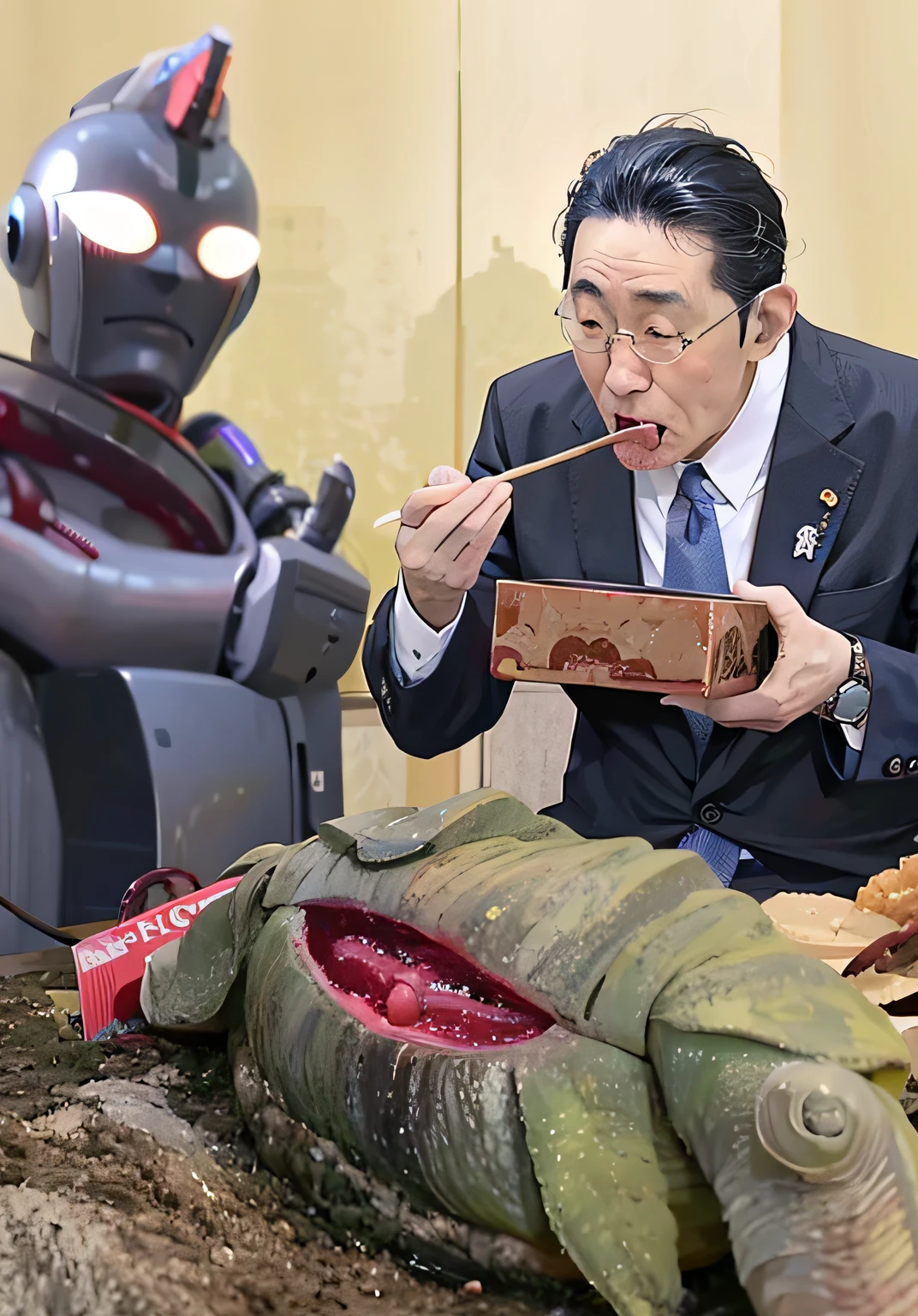 There is a man holding a toy eating a piece of food, eating alien food, [ Realistic photo ]!!, japanese cgi, hotei is on the table, fujita goro!, The Last Supper realistic robot, araki, Cthulhu eats toast, Creepy!!, with robot dragon head, (((luke chueh))), naoki ikushima