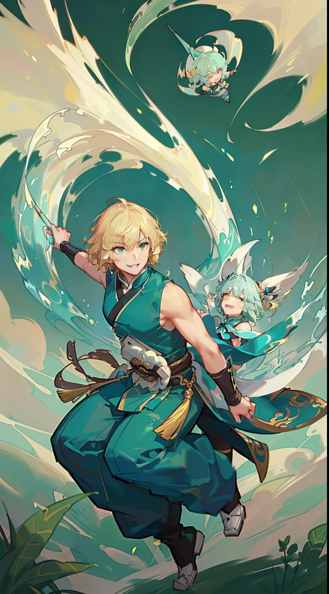 Adult Fat Man, short blonde hair, Cyan eyes, Green Hanfu sleeveless, Drunken Master, Smile, Masterpiece, hiquality