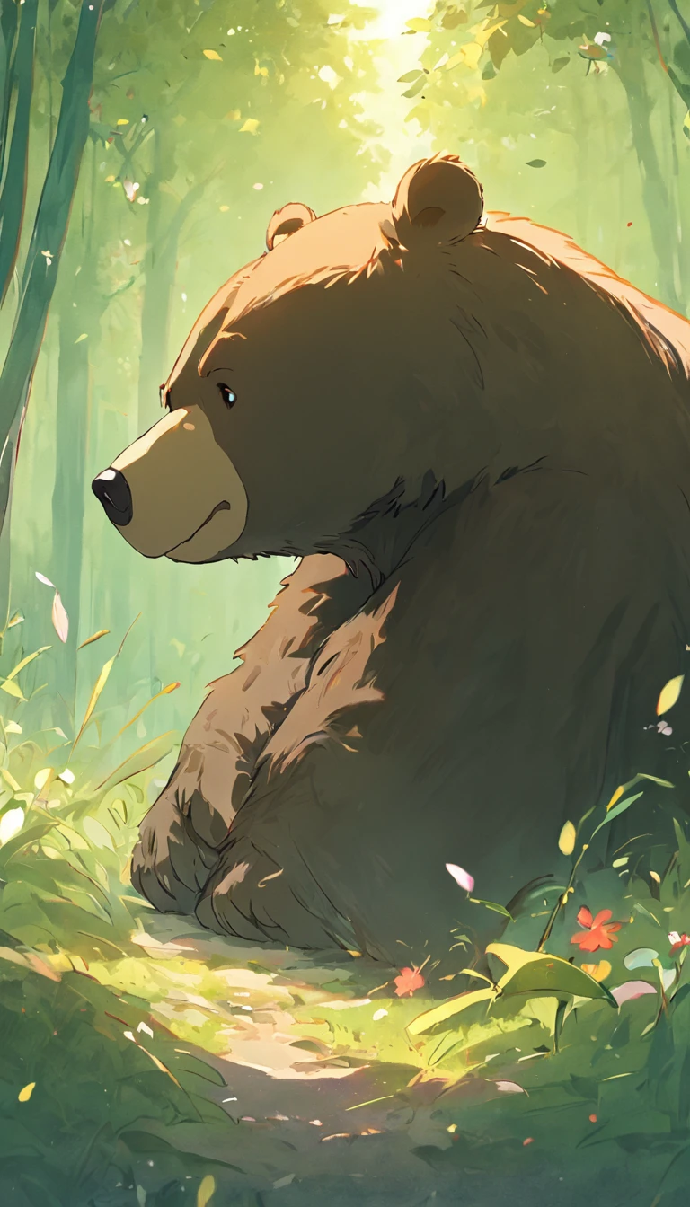 little bear,Foraging in the forest,Soft grass,Flowers surround you,apple trees,Close-up of the bear,8K,high qulity