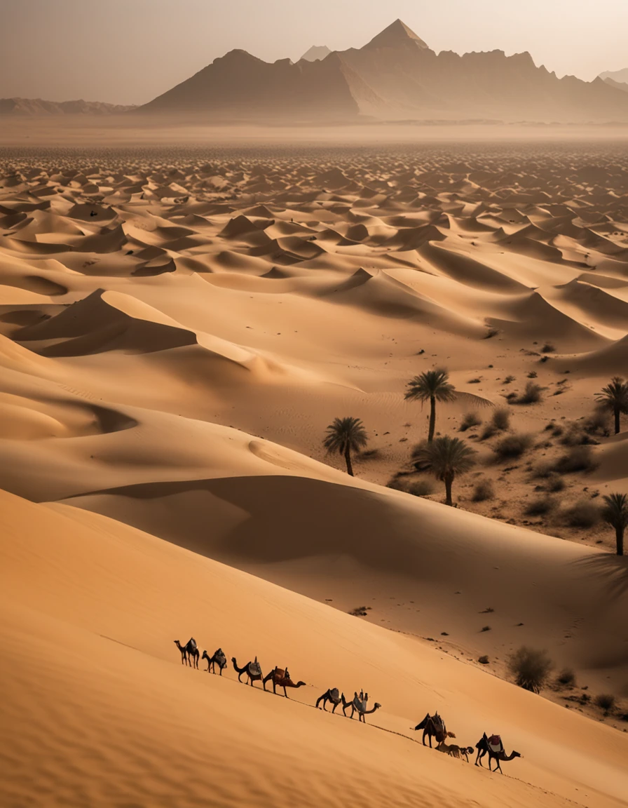masterpiece,True HD photos,high detal,Highest definition,8K,Leica lens,Huge pyramid and Arabian camel train at the front, Set against the backdrop of an Arabian desert with many other small pyramids and palm trees fading off into the far distance。 On the right side of the screen at the front is a huge date palm.