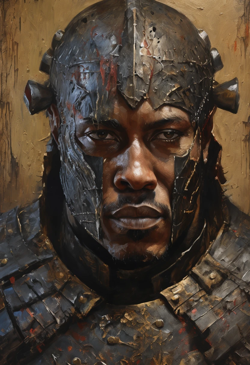 Highly detailed portrait of a scarred man warrior wearing intricate black plate armor, Mysterious dark nature background, high resolution, 4K, 8K