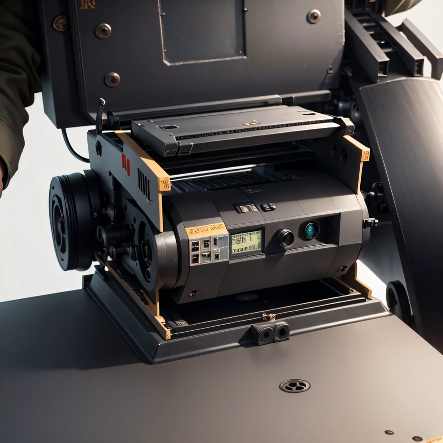 ((Highest image quality, reality, outstanding details, ultra-high resolution), (nobody, realism: 1.4), ((close up:1)), highly condensed delicate surface, 1 machine generater, multiloader, excavator, (machine color base ratio dark grey:0.8 other-color:0.2), (putting a anti-aircraft weapon), background simple gray wall, (Aging:0.75),