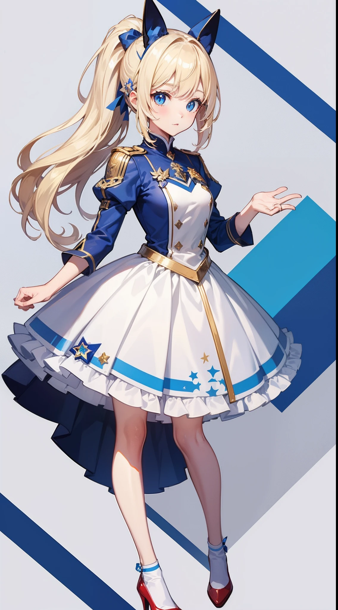 Blonde single ponytail,eBlue eyes,white helmet,There is a blue star on the helmet,Red shoes,Blue and white color matching clothes,best qualtiy,4k画质,Highest image quality