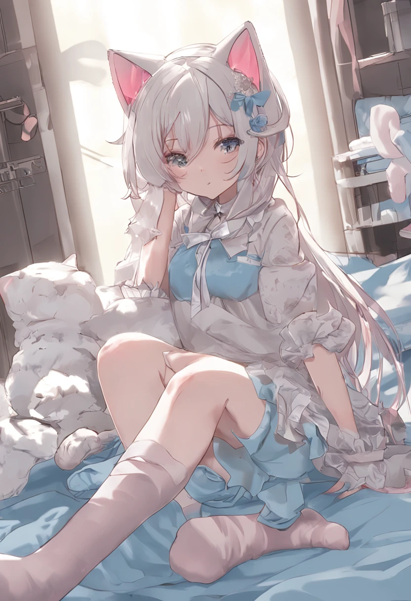 cat ear、white stockings、No shoes on、inside in room、sitting on his knees on the bed,Powder-blue heteropupil,Light pink ta,Feet to the camera,Stretch your legs,Huge
