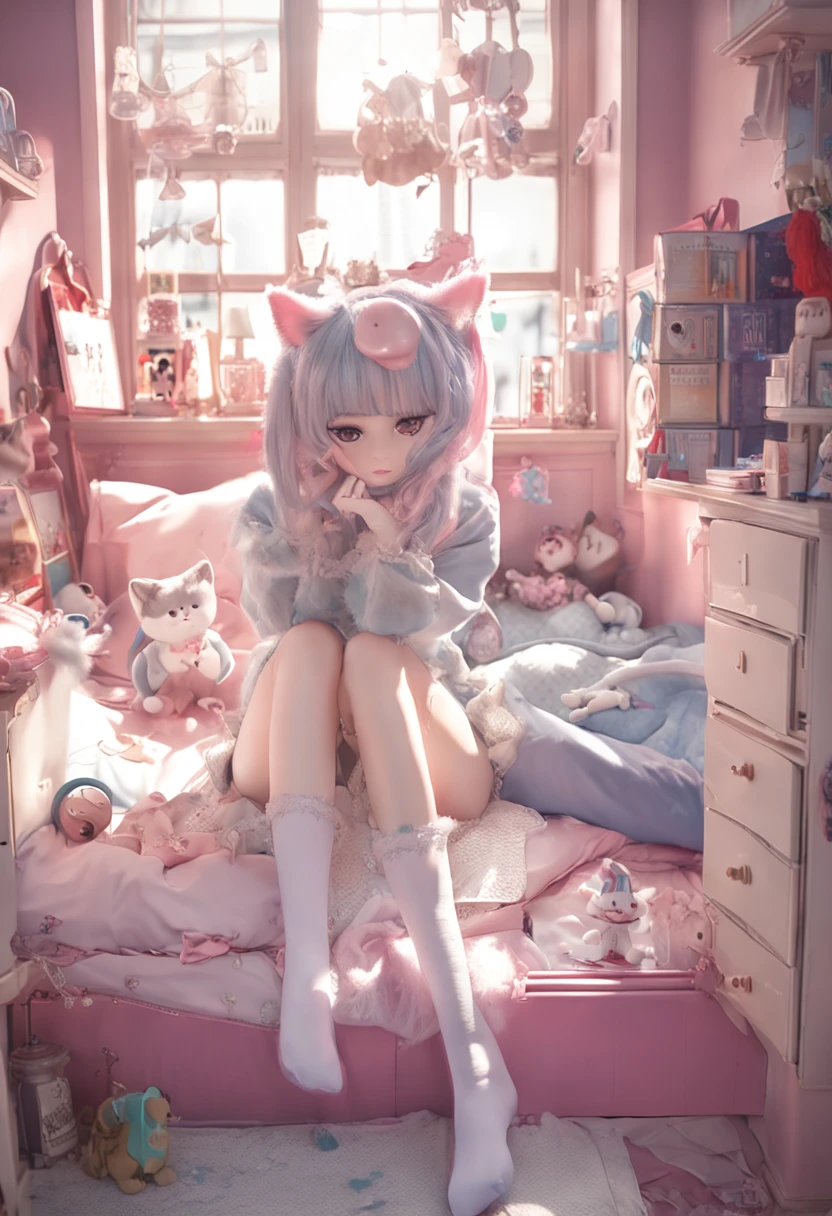cat ear、white stockings、No shoes on、inside in room、sitting on his knees on the bed，Powder-blue heteropupil，Light pink ta，Feet to the camera，Stretch your legs，Huge