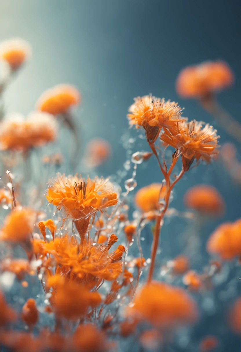 microcosm , Masterpiece , macro photography , cobweb, filmgrain, Bokeh , Smoke , Highly detailed, Sunny Sunny weather, Microflower, The drops, bblurry, Close up of 1 realistic marigold:1.5, Azure background, subdued contrasts, rendering by octane , illusory engine