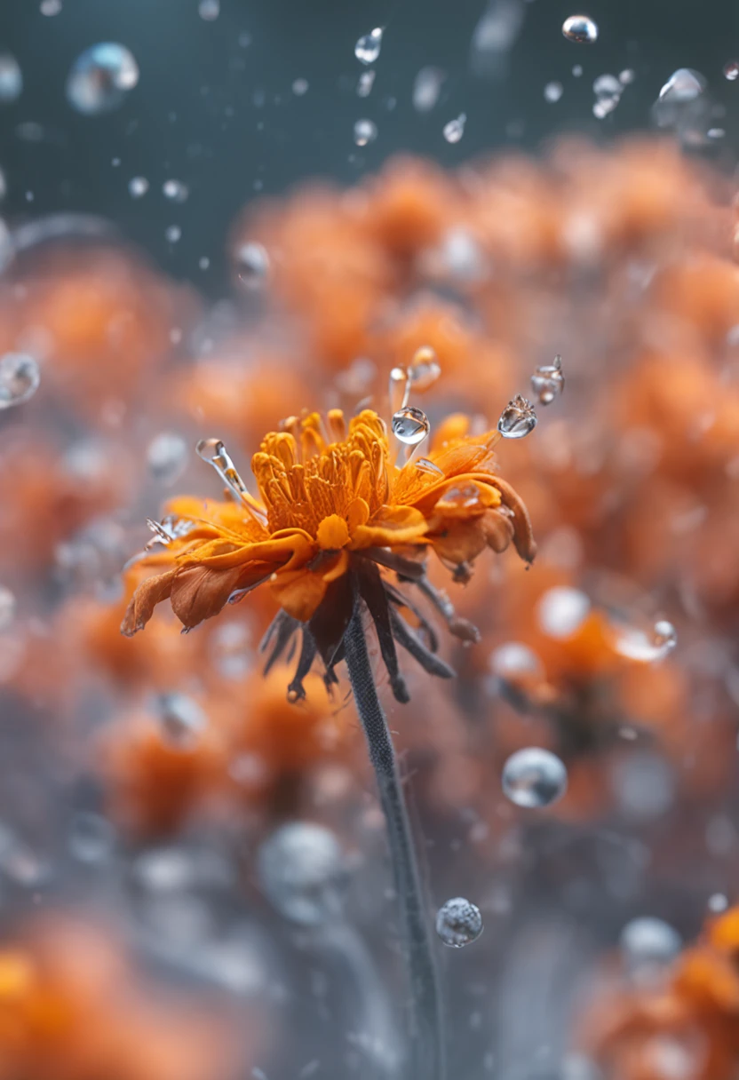 microcosm , Masterpiece , macro photography , cobweb, filmgrain, Bokeh , Smoke , Highly detailed, Sunny Sunny weather, Microflower, The drops, bblurry, Close up of 1 realistic marigold：1.5, Azure background, subdued contrasts, rendering by octane , illusory engine