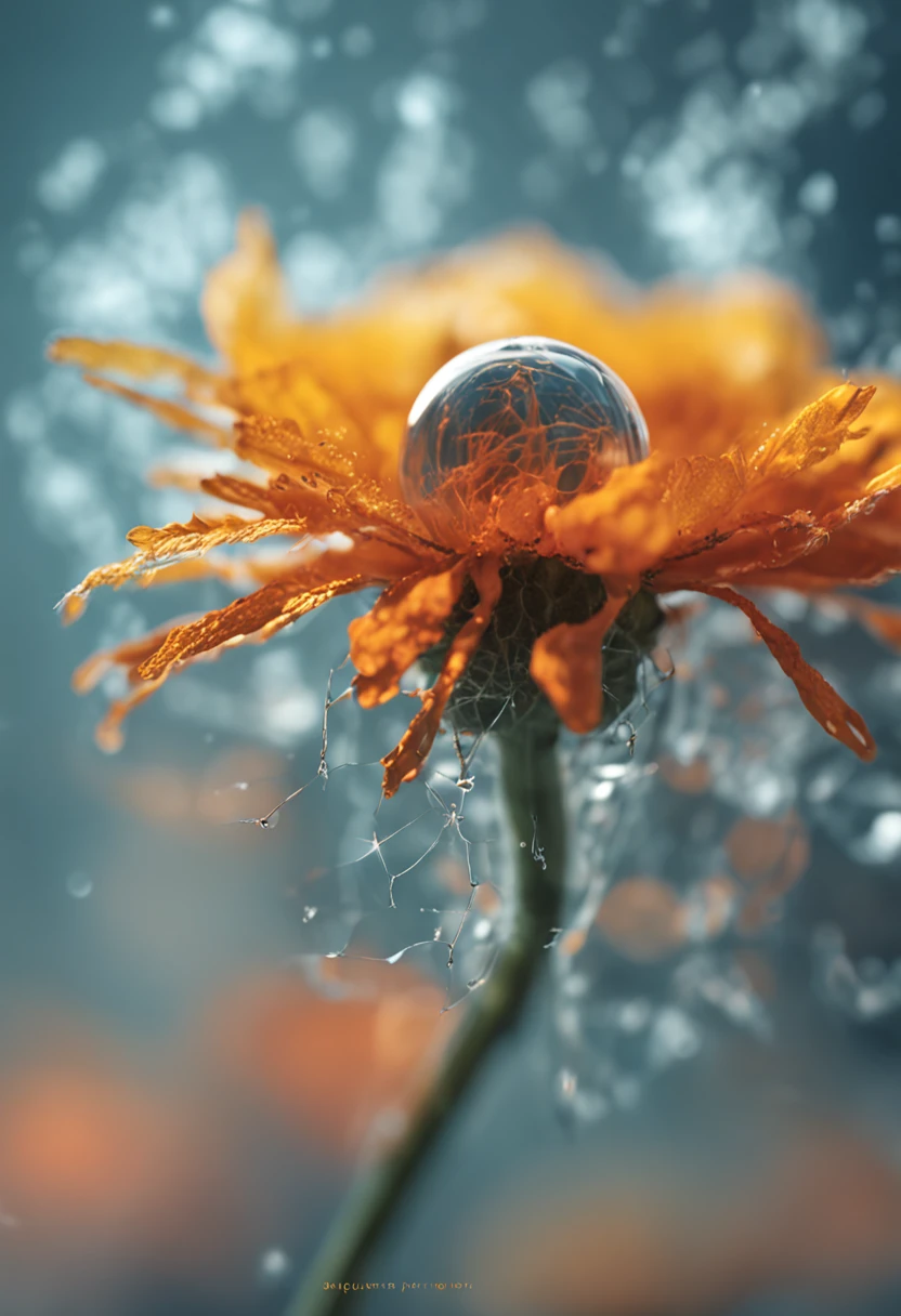 microcosm , Masterpiece , macro photography , cobweb, filmgrain, Bokeh , Smoke , Highly detailed, Sunny Sunny weather, Microflower, The drops, bblurry, Close up of 1 realistic marigold:1.5, Azure background, subdued contrasts, rendering by octane , illusory engine