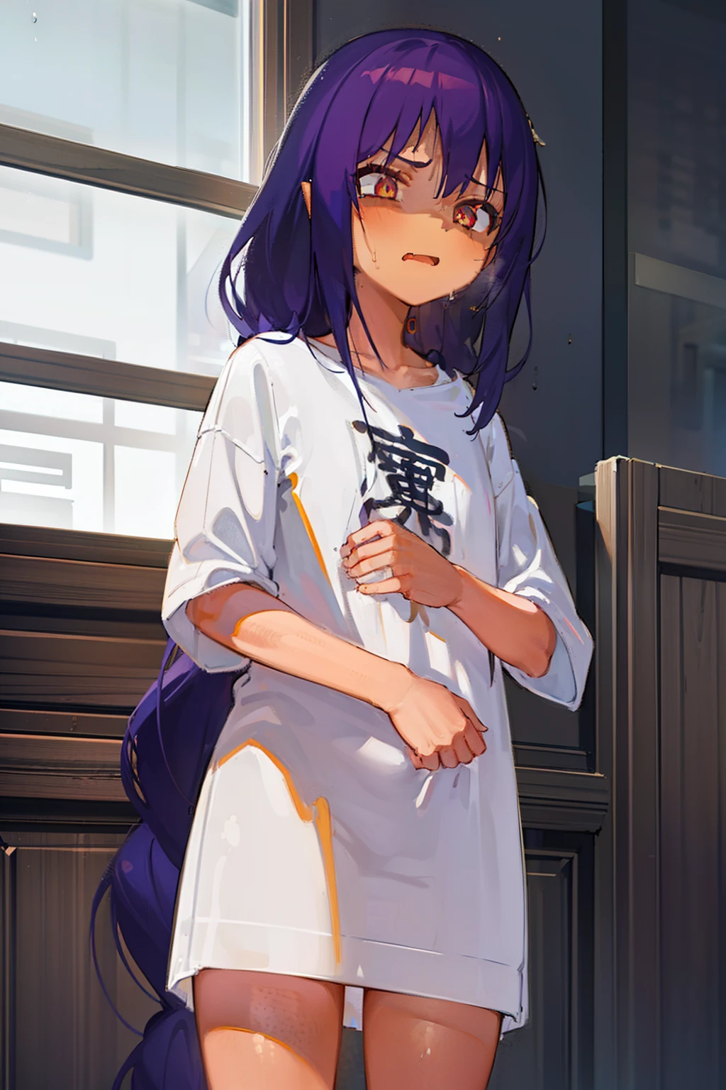 masterpiece, best quality, (delicate eyes and face), volumetric light, ray tracing, extremely detailed CG unity 8k wallpaper, jahysama, 1girl, very long hair, shirt, clothes writing, short sleeves, cowboy shot, shaded face,scared expression, staring forward