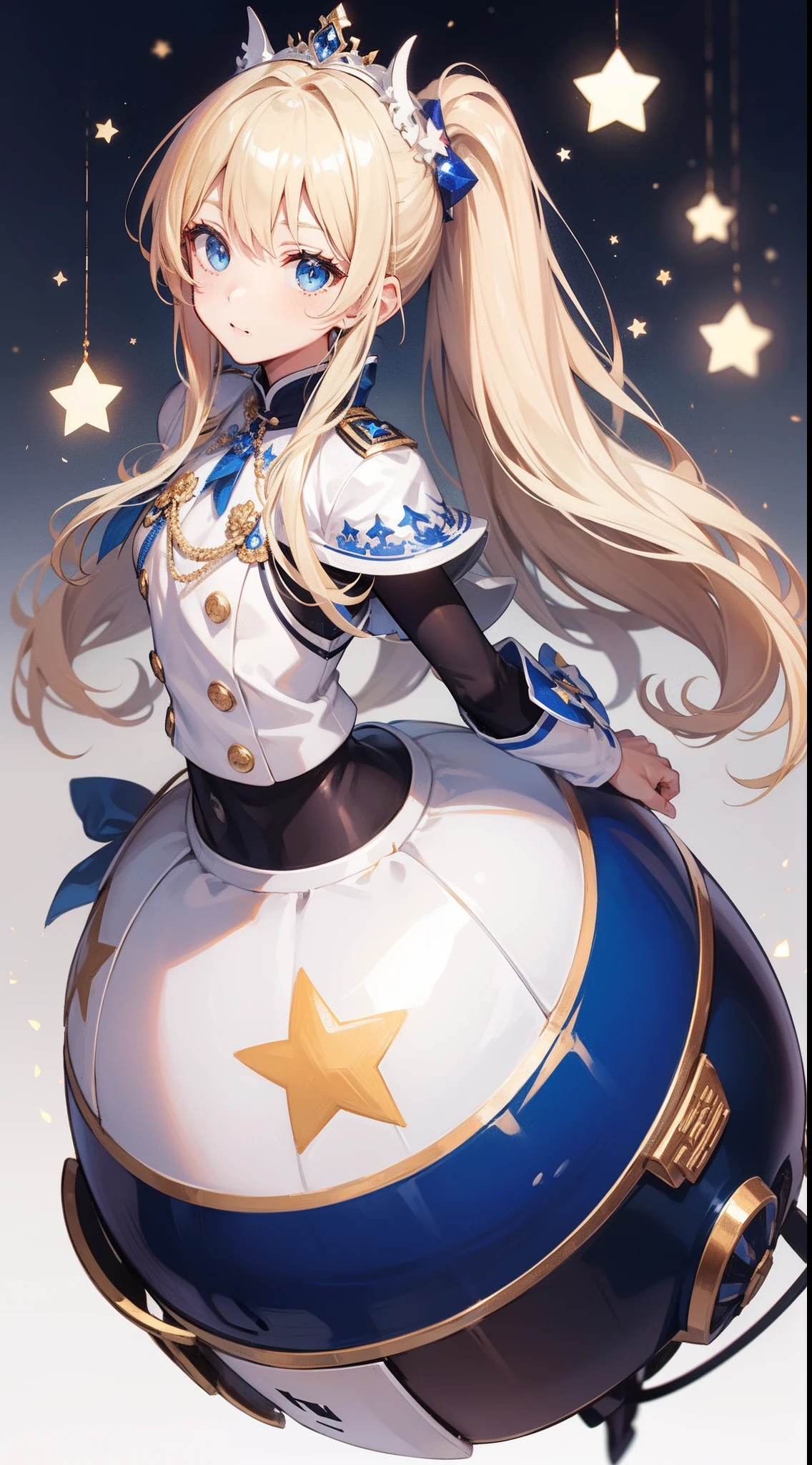 Blonde single ponytail,eBlue eyes,white helmet,There is a blue star on the helmet,Red shoes,Blue and white color matching clothes,best qualtiy,4k画质,Highest image quality