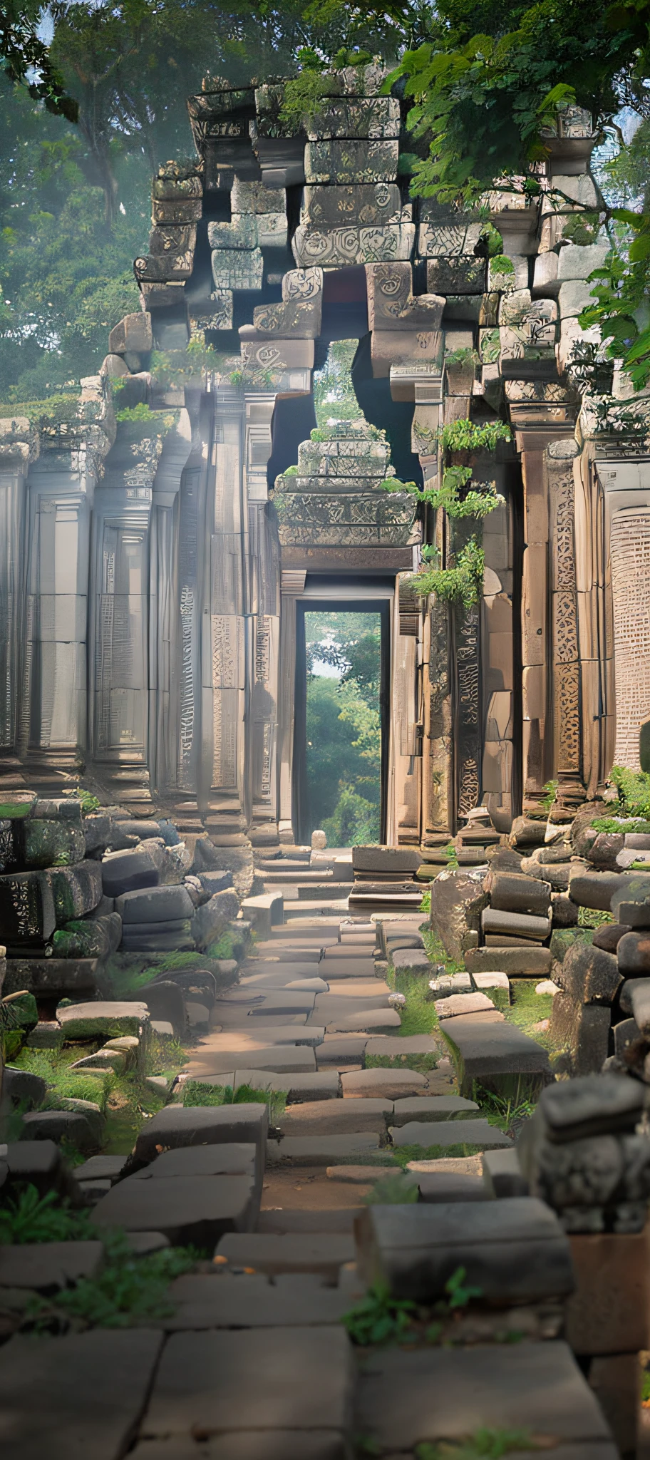 There is a stone path leading to the stone building, mysterious temple setting, ancient ruins in the forest, Ancient temple ruins, Temple ruins, Angkor tuna, lost temple, Ancient temple, sacred ancient architecture, White stone temple ruins, There are beautiful ancient ruins in the back, Ancient ruins and waterfalls, Angkor, Cambodia, Ancient ruins, secret overgrown temple, a mystical temple