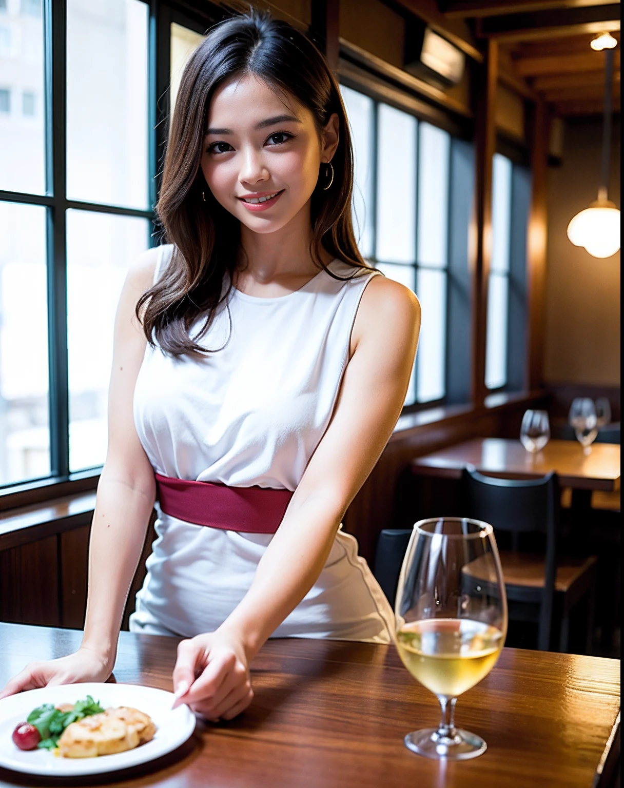 (64K, UHD, top quality, masterpiece: 1.2), (realistic, photorealistic: 1.37), super detailed, pretty woman 1 person, (slim face), (slim body), (brown hair), (short cut), cheeks slightly blushing, (44 years old), 38 years old, solo, beautiful detailed urban night view outside the window, restaurant, wine glasses sit, at night, in a prominent placeNovaFrogStyle, Actress, Model, Waist Up, White Wine, Slim, Wine Glass, Super Clean Night View, Wine Glass Put in the Middle, Happy Smile, (Smile: 1.15), Beautiful Fine Eyes, Upper Body, Bust Japan Up, Night, Short, Short, Actress, Model, Waist Up, White Wine, Slim, Wine Glass, Super Clean Night View, Wine Glass Put in the Middle, Happy Smile,