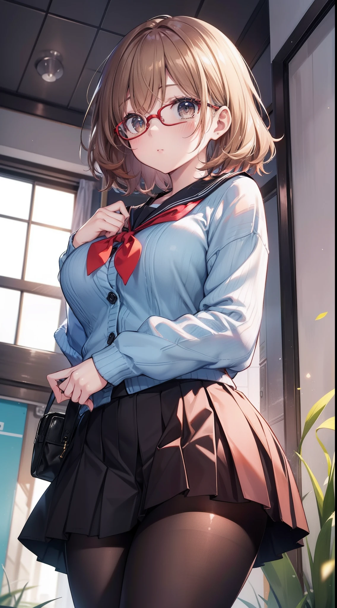 (1 female), 独奏, Kuriyama_mirai, Brown hair_shoe, A black_legwear very, Green grass_skirt by the. Cardigan, eye glasses, The Perfect Five Fingers,open cardigan, Open your clothes,Wearing pantyhose, pleatedskirt, Red-framed eyewear, student clothes, serafuku, short-hair, skirt by the, (Superfine), Beautiful breasts, The hair、Top resolution、top-quality、(is standing)、(frombelow)、Under the skirt、Under the skirt、(Close-up of underwear from below)、up shirt、Top resolution、top-quality、(masterpiece)、extra detailed face、Original Characters、Perfect litthing、best colors、colourfull、Beautiful fece、finely detail、超A high resolution、Natural voluminous lighting and the best shadows、Deep Depth Of Field(top-quality、Superb Detail:1.4)