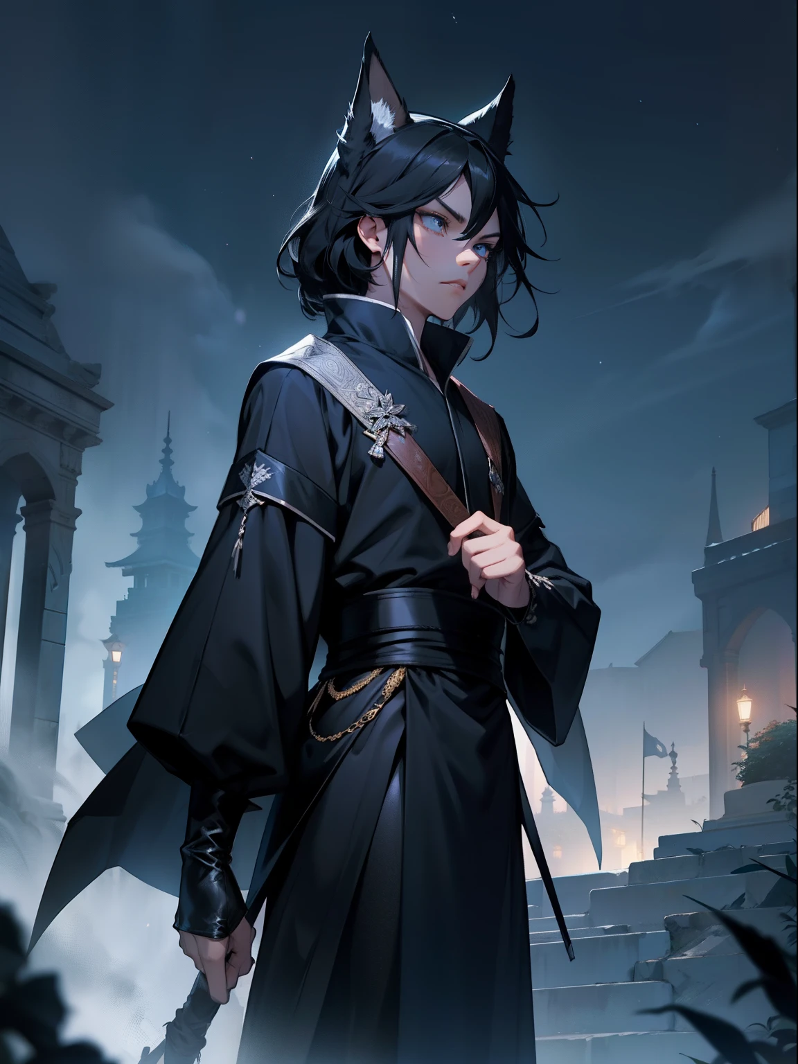 during night,Blackn clothes,Douluo Continent costume,Black color hair,Fierce,