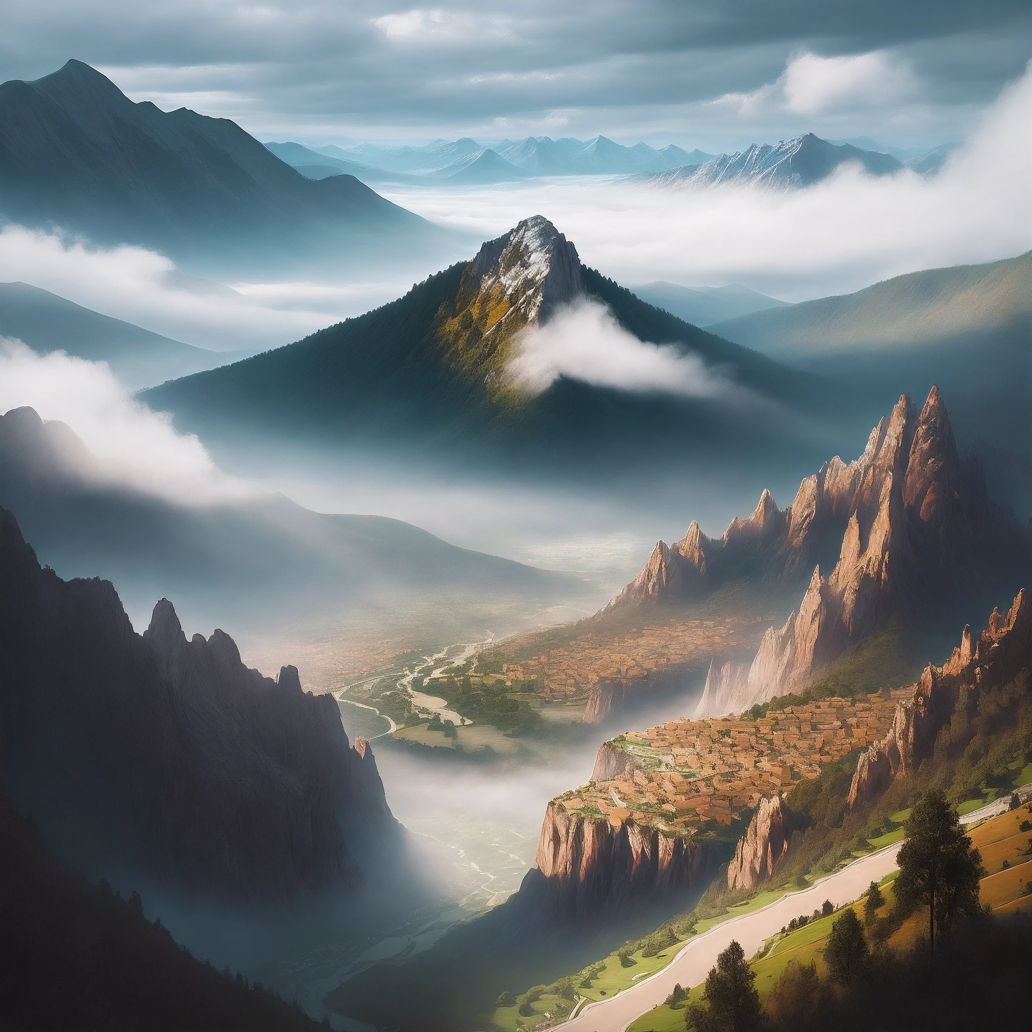 In the serene valley, terraces unfold amidst majestic mountains, enveloped by ethereal clouds and bathed in the gentle embrace of Tyndall rays. A bird's eye view reveals breathtaking vistas, offering a glimpse into a world of awe-inspiring realism, where light and shadow dance in harmonious symphony."