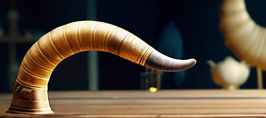 a close up of a horn shaped object on a table, animal horn, single horn, horn, horns, winding horn, cow horns, ram horns, long tail with horns, big horn, goat horns, curved horns!