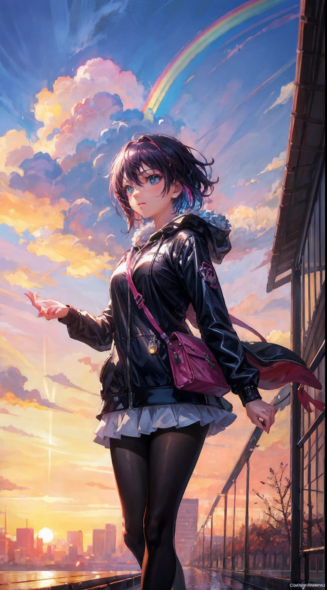 Anime girl standing in big city looking at rainbow sky,Near Future City、 makoto shinkai cyril rolando, anime art wallpaper 4k, anime art wallpaper 4k, Anime art wallpaper 8k, inspired by Cyril Rolando, in the style dan mumford artwork, amazing wallpapers, by Yuumei