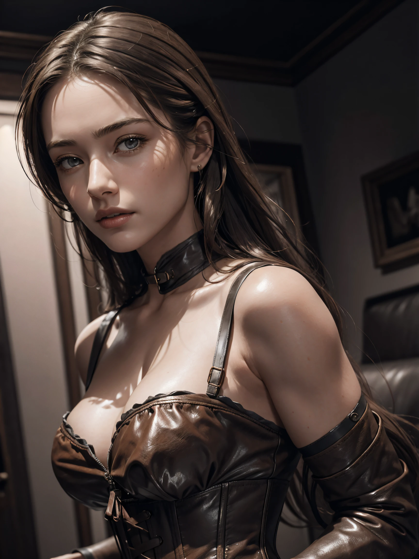 photorealistic, masterpiece, best quality, raw photo, upper body:1.3, 1girl, biggest breasts, long hair, brown hair, corset dress, leather coreset, looking at viewer, dynamic lighting, in the dark, deep shadow, natural shading, face lighting, low key, intricate detail, detailed skin, pore, highres, hdr, 4k, realistic,