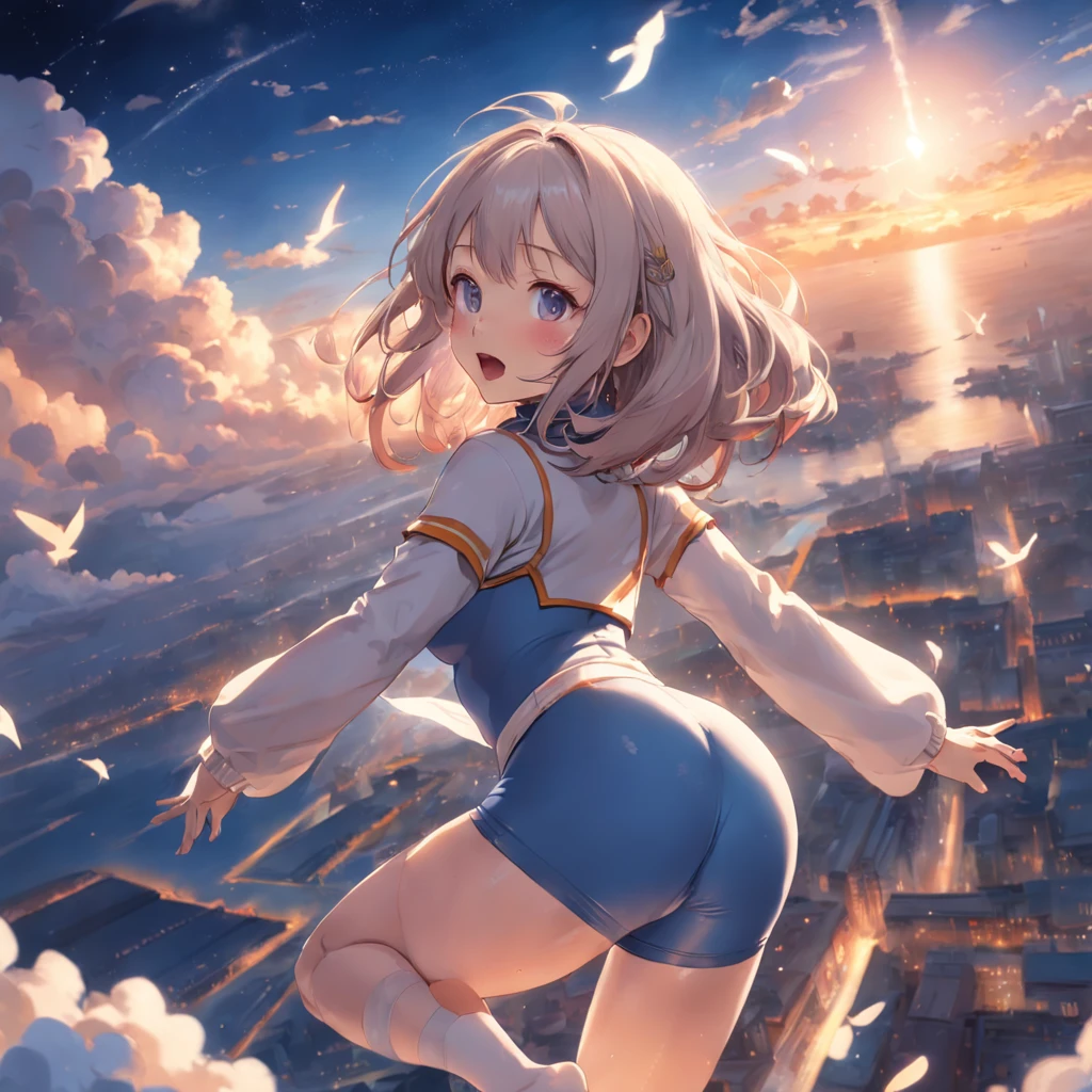masterpiece、top-quality、Movie stills、1girl、Cloud Girl、floating in sky、a closeup、发光、happiness、Warm soft lighting、the setting sun、(Spark:0.7),(((masterpiece))), high-level image quality,ultra-detailliert, (top-quality)、(The best illustrations)、(Best Shadows)、Absolute detail expressiveness, (((1girl))) , ((open mouth)) 、(((Shy face))),heart in eyes, life-like,Live-action,black Stockings,Big Breast,a picture、full body Esbian、(((turtleneck Sweaters)))、(((panthyhose))), (((high whist short Hotpants))),(((1girl))),in the toilet, Hands behind back, White fluid on legs