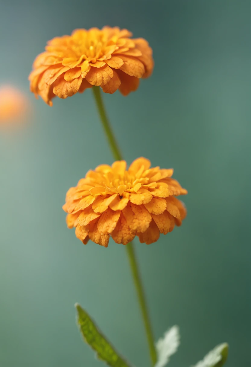 microcosm , Masterpiece , macro photography , cobweb, filmgrain, Bokeh , Smoke , Highly detailed, Sunny Sunny weather, Microflower, The drops, bblurry, Close up of 1 realistic marigold:1.5, Azure background, subdued contrasts, rendering by octane , illusory engine