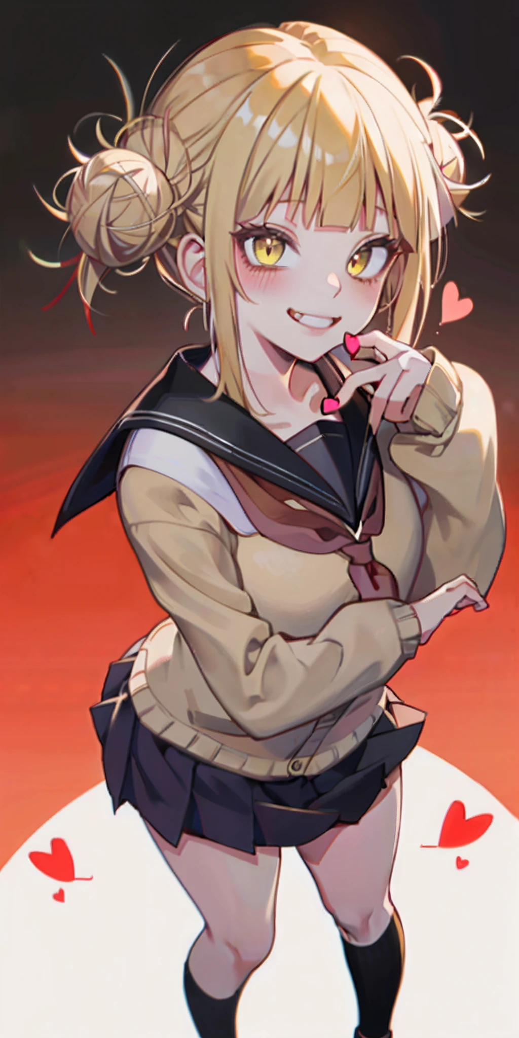 (masterpiece, best quality;1.3), ultra detailed, 1girl, solo, smile, gold hair,
miniskirt, yellow cardigan, long sleeves, sailor collar, red neckerchief, black kneehighs,micro mini skirt, from above,
Himiko Toga, TOga, Himiko, (heart_eyes_full), heart_eyes_inside
