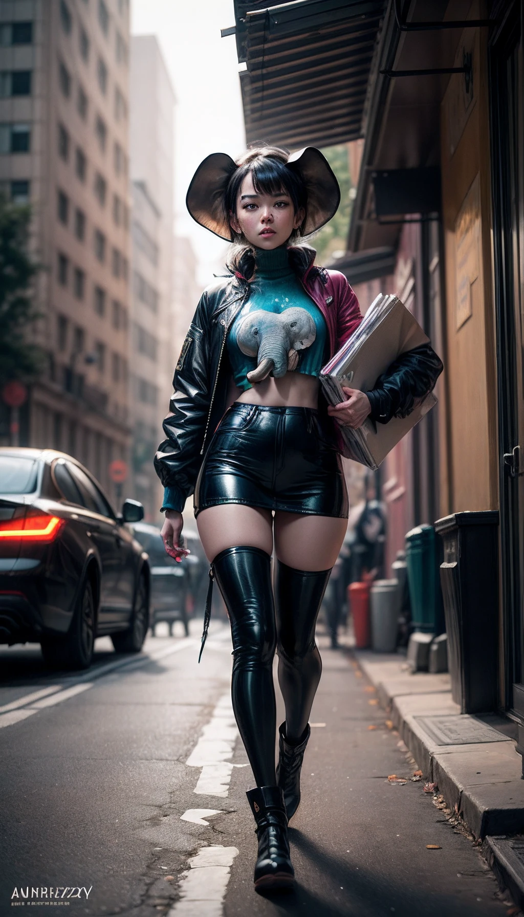 personage (elephant:1.2), In costume (Wonder Women:0.8), in the city, Laurie Grizzly style, Studio Ghibli, Akira Toriyama, by james gilleard, Genshin Impact, Trending Pixiv Fanbox, acrylic palette knife, 4k, bright colours, devinart, Trending on ArtStation, low detailed, dripping ink splatters