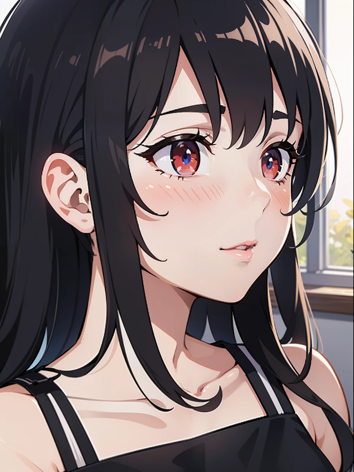 8k,illustration,short hair,,White background,Black_hair,Ruby red eyes,Solitary,1 Girl, girl,best quality, Extremely refined、double eyelids,Simple background、face close-up、Immature,ethereal,乾淨White background,No background,Flirting eyes,interesting soul,Like shyness,Center the face,Charming smile and delicate face, (Sexy expression: 1.5) (Natural face: 1.5)