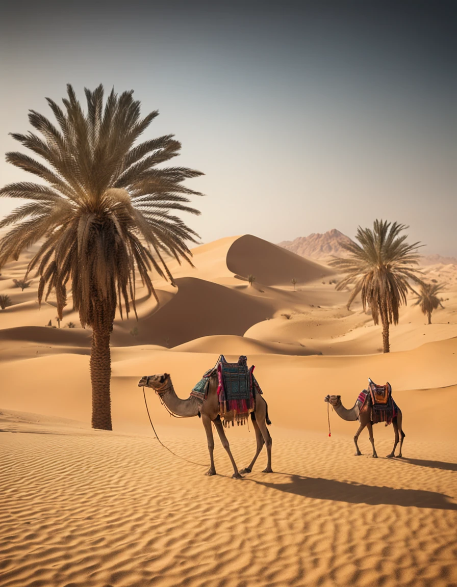 masterpiece，True HD photos，high detail，Highest definition，8K，Leica lens，Huge Egyption pyramid at the front of the scene and date palm on right, and Arabian camel train, Set against the fady, glowing backdrop of an Arabian desert with many other small pyramids and palm trees