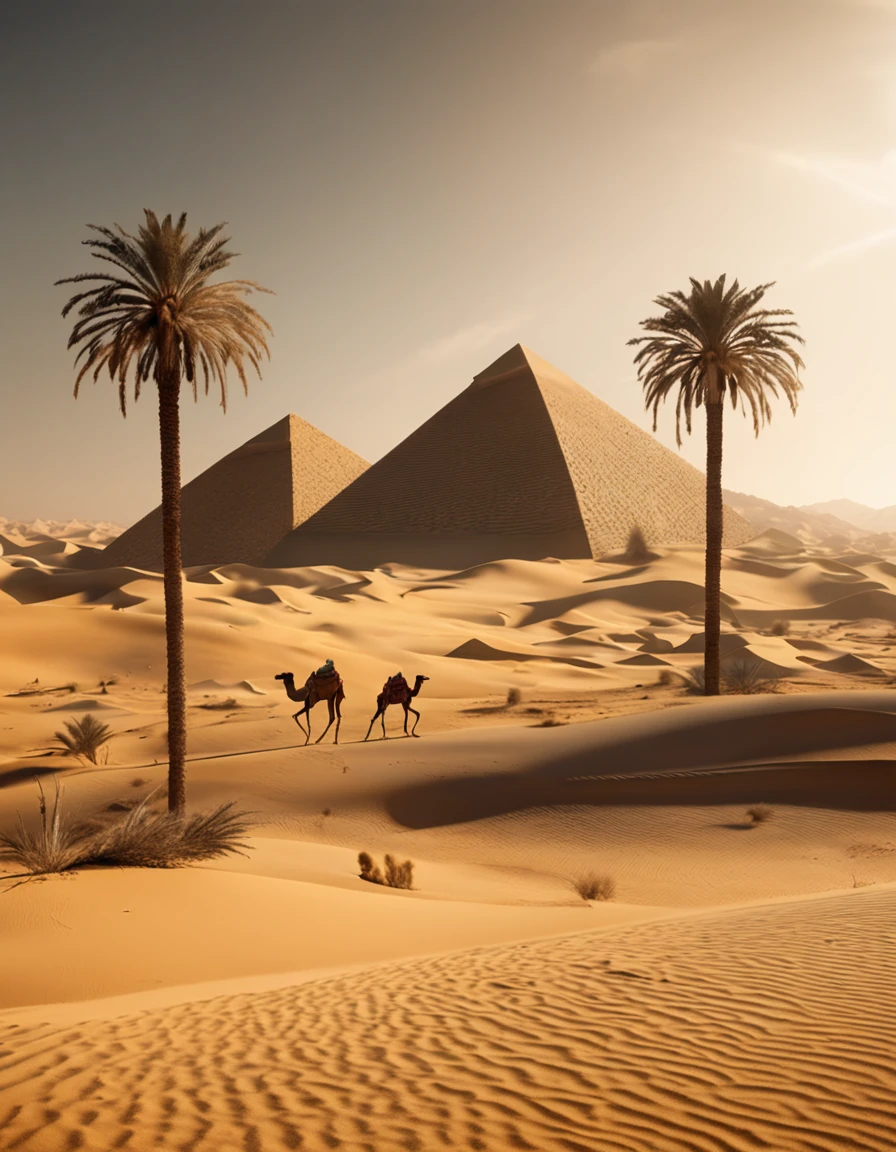 masterpiece,True HD photos,high detail,Highest definition,8K,Leica lens,Huge Egyption pyramid at the front of the scene and date palm on right, and Arabian camel train, Set against the fady, glowing backdrop of an Arabian desert with many other small pyramids and palm trees