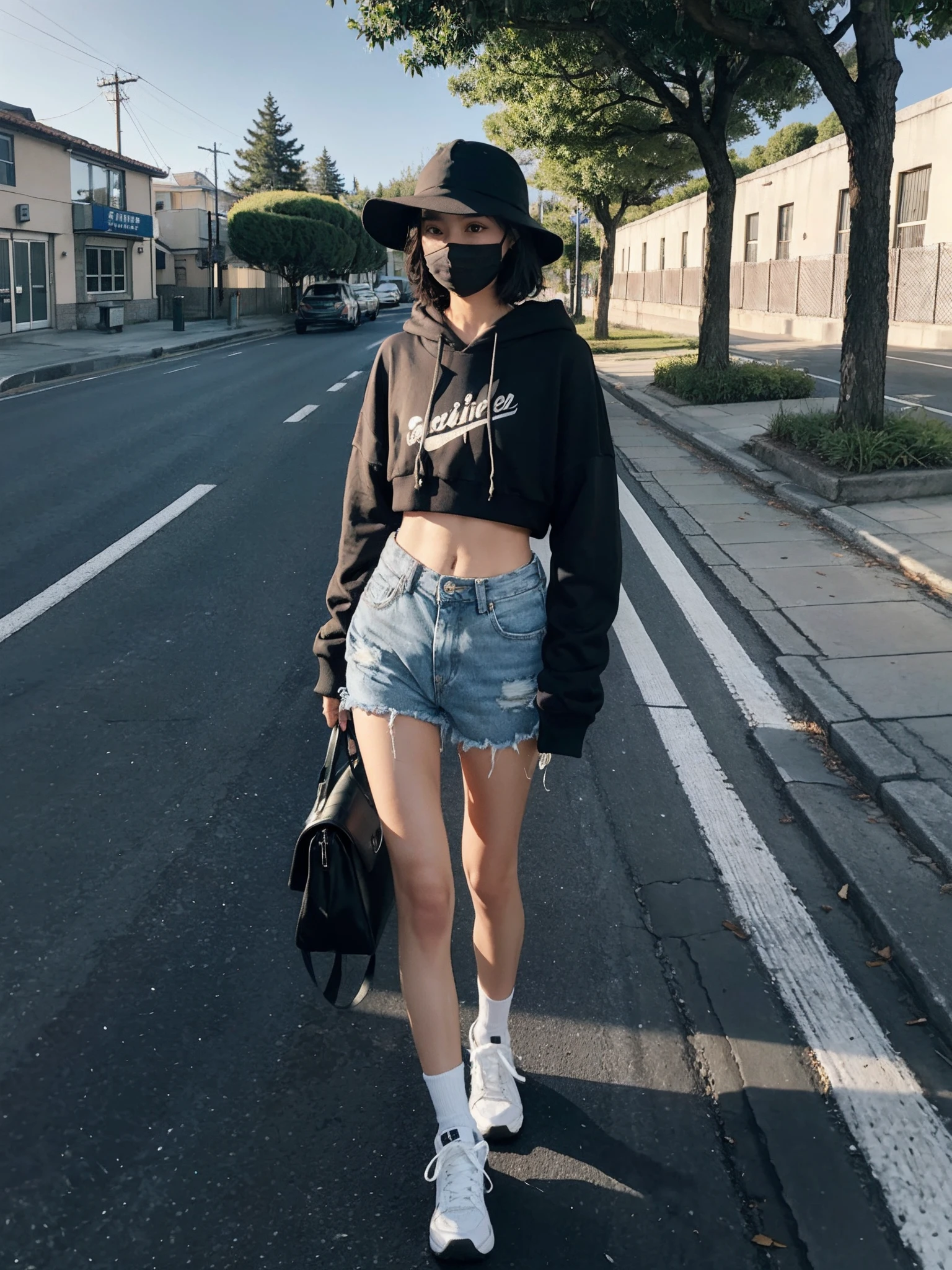 ((smallunderboob,Tomboyish,small heads)), (Well-defined abs: 1.1), (perfect bodies: 1.1), (short-length straighthair: 1.2), Black hair, upper body photos, attractive collarbone，nabel，（极其细致的CG 8k壁纸），（Extremely refined and beautiful），（tmasterpiece），（best qualtiy：1.0），（超高分辨率：1.0），beautiful light up，Perfect lightning，realistic shaded，[A high resolution]，Smooth and flawless fair skin，ultra - detailed ，Elongated legs，flatchest，Slim，emaciated，Wearing a black fisherman's hat，black facemask，Black sheer tulle hooded sweatshirt，denim short，White sneakers，夏天，eventide，A sea of people，at the doorstep of a school，Outside the walls，are standing，outside，Tree-lined roadsides，Bring a ladies bag，