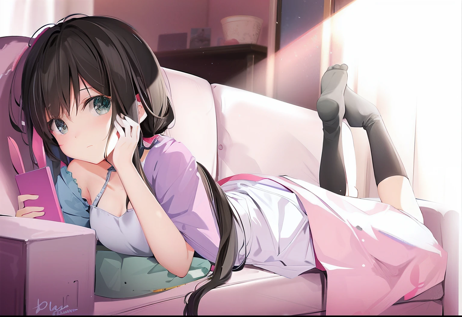 Anime girl lying on sofa,Put your head on your hands, anime moe art style, relaxed poses, seductive anime girls, Smooth anime CG art, relaxing on the couch, Cute anime girl, (Anime girl), relaxing on the couch, Anime girl, nightcore, attractive anime girls, style of anime4 K, up of young anime girl, An anime girl
