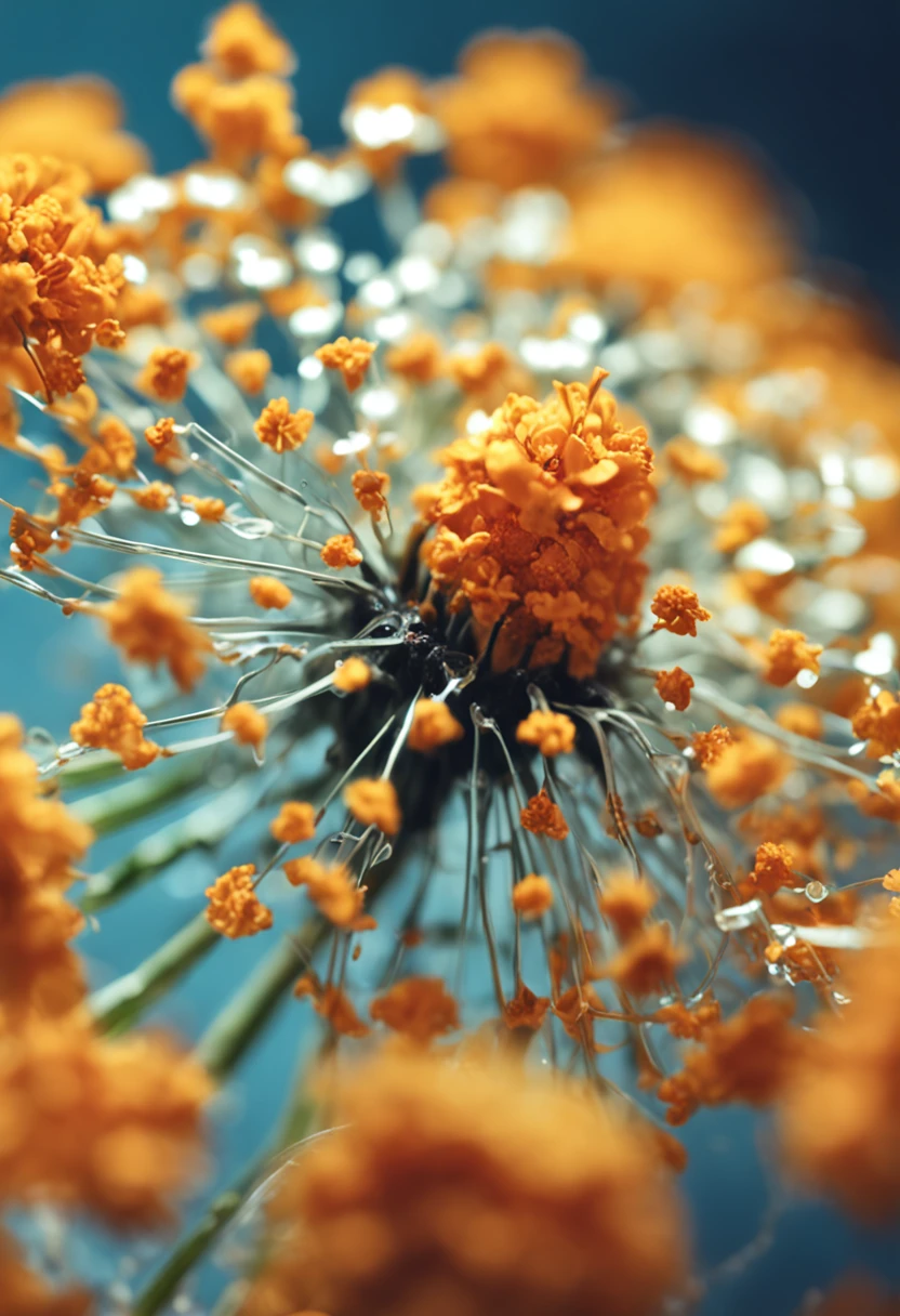 microcosm , Masterpiece , macro photography , cobweb, filmgrain, Bokeh , Smoke , Highly detailed, Sunny Sunny weather, Microflower, The drops, bblurry, Close up of 1 realistic marigold:1.5, Azure background, subdued contrasts, rendering by octane , illusory engine