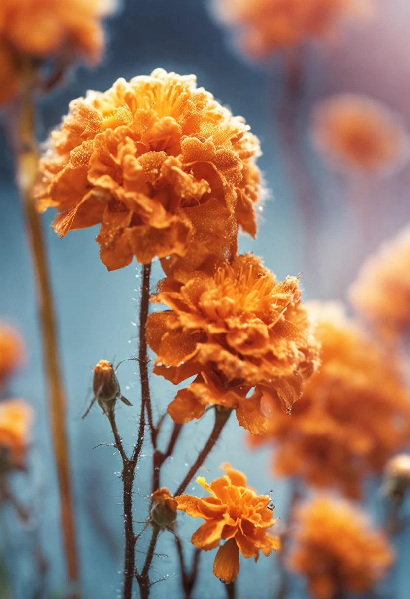microcosm , Masterpiece , macro photography , cobweb, filmgrain, Bokeh , Smoke , Highly detailed, Sunny Sunny weather, Microflower, The drops, bblurry, Close up of 1 realistic marigold:1.5, Azure background, subdued contrasts, rendering by octane , illusory engine