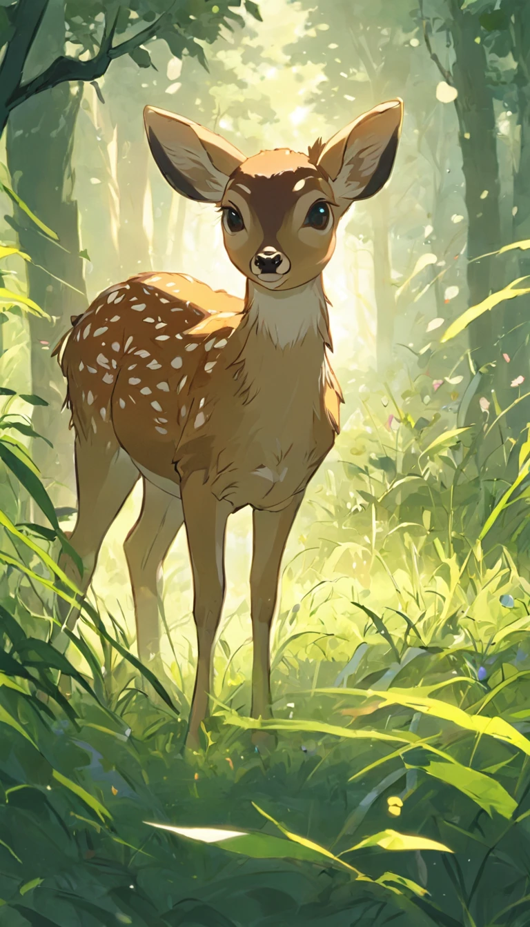 little deer,Foraging in the forest,Soft grass,Flowers surround you,apple trees,Close-up,8K,high quality