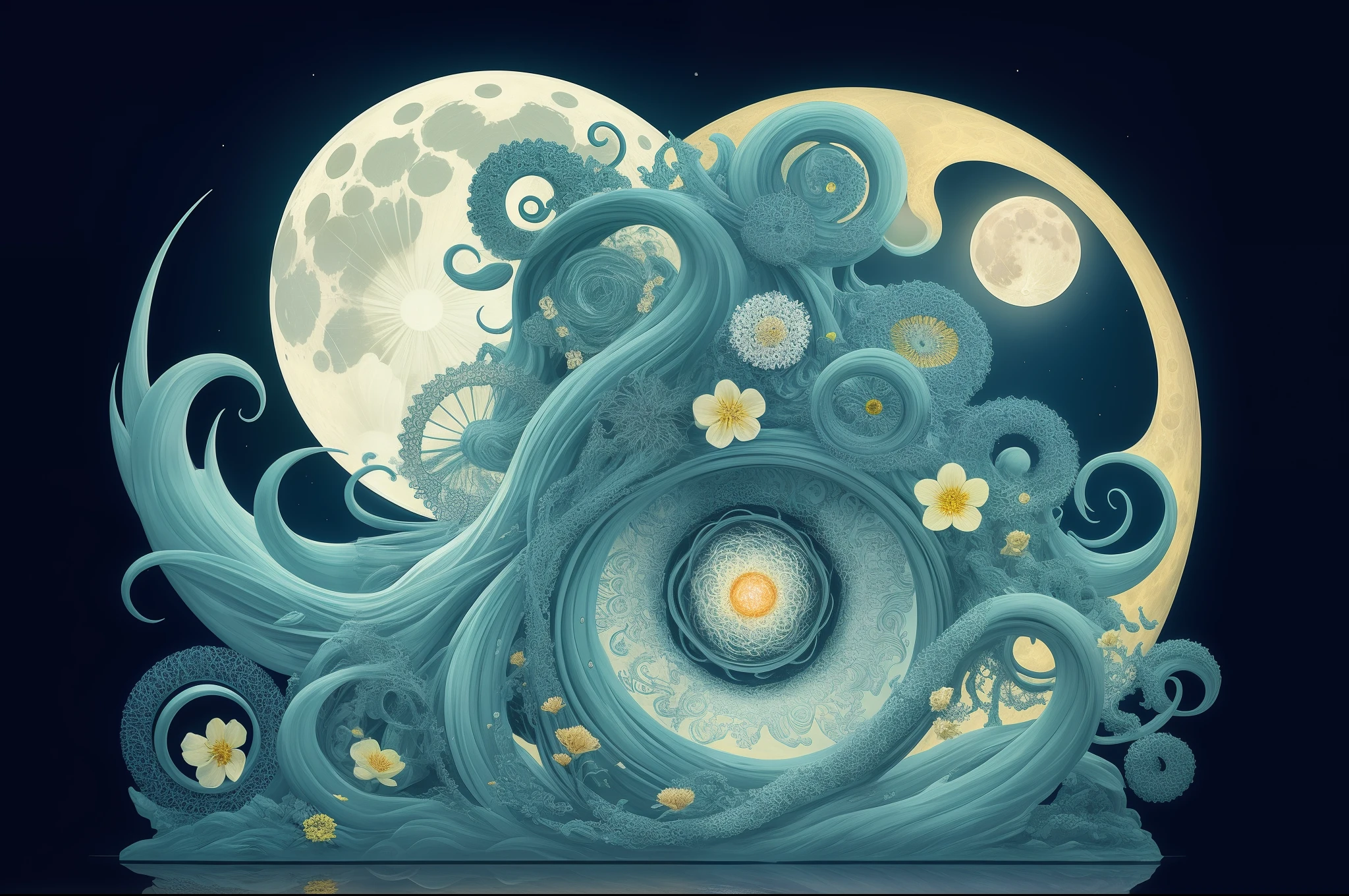 moon and flowers in yin form, in the style of intricately sculpted, swirling vortexes, mystic mechanisms
