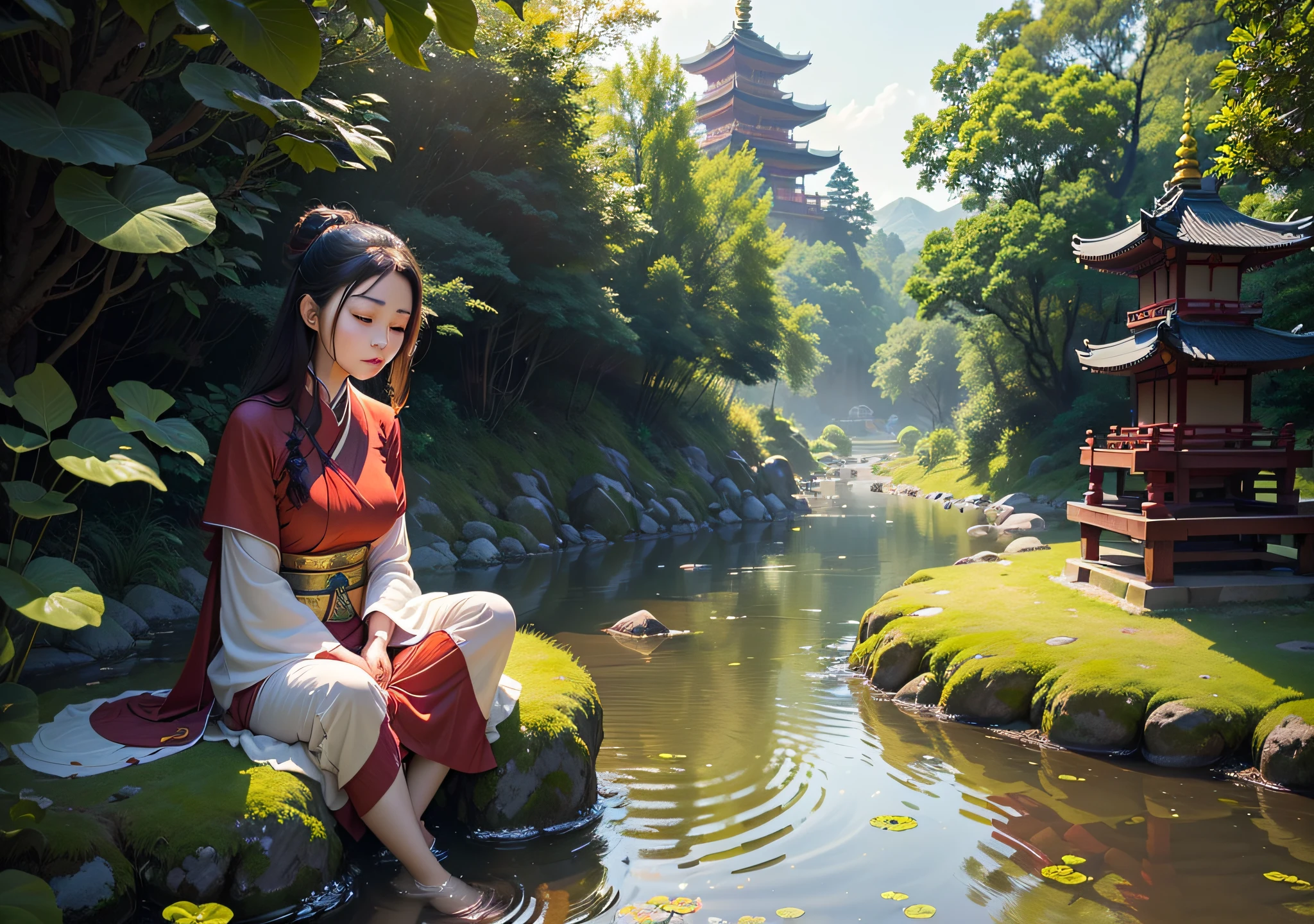 an oriental young woman meditating. Girl dressed in oriental fashion. In the background a Buddhist temple. Waters flow from a creek. Magic tone. fantastic tone