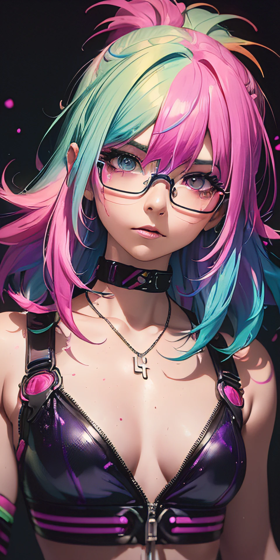 Rainbow color effect, ((cybernetic)), (glasses), collarbone, side cut, looking at viewer, blurry background, upper body, necklace, neon, freckles,  (best quality),(high resolution),(sharp focus),(ultra detailed),(extremely detailed),(extremely high quality artwork),8k_wallpaper,(extremely detailed CG 8k),(very fine 8K CG),((hyper super ultra detailed perfect piece)),flawless,(((masterpiece))),illustration,vibrant colors,(intricate),High contrast,Selective lighting,Double exposure,HDR (High Dynamic Range),Post-processing,Background blur, top rated on pixiv, (((liquid paint hair:1.1,neon purple hair|neon pink hair|neon blue hair|neon aqua hair|purple hair|fuchsia hair|fluorescent blue hair|amethyst hair|neon hair|bright pink hair :1.5,bright hair: 1.3,hair made of paint and defies gravity,thick flowing,paint splatter:1.3,shiny hair: 1.3,vibrant colored hair))),