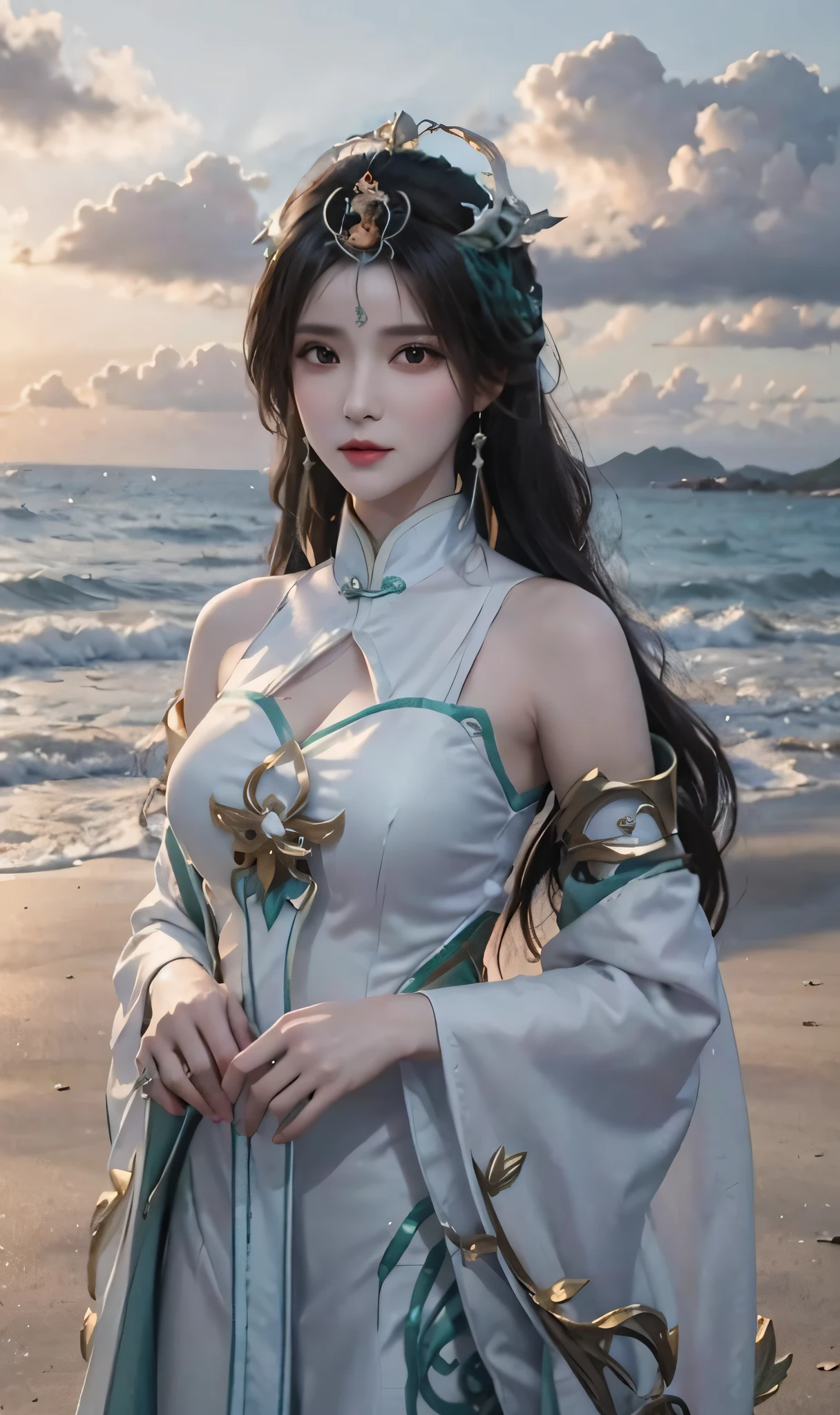 Photorealistic，a woman in a white dress standing on a beach next to the ocean, Anime goddess, queen of the sea mu yanling, White Hanfu, a beautiful fantasy empress, Anime girl cosplay, full-body xianxia, Inspired by Lan Ying, Irelia, Anime cosplay, Ruan Jia and Artgerm, by Yang J, Beautiful and elegant queen
