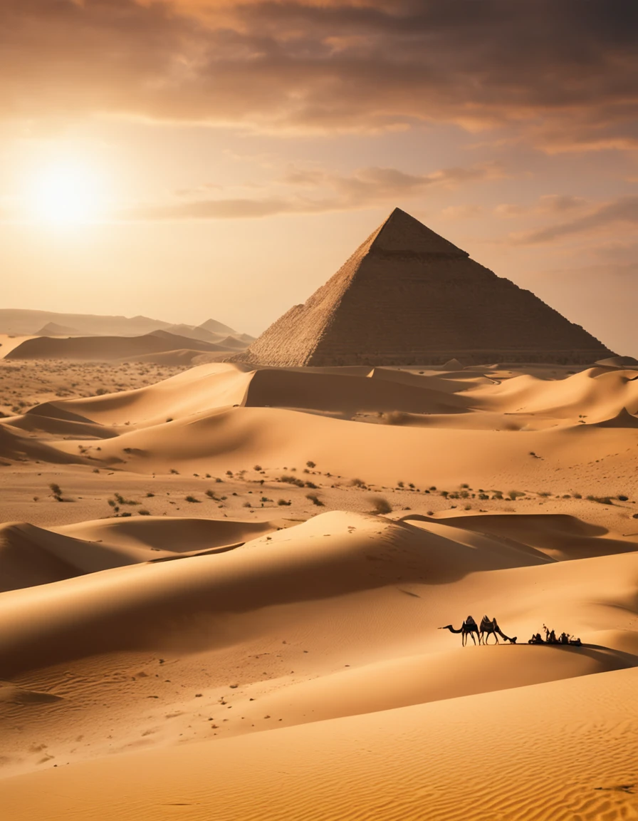 masterpiece，True HD photos，high detail，Highest definition，8K，Leica lens，Huge Egyption pyramid at the front of the scene and date palm on right, and Arabian camel train with 5 camels and 2 Arabians, Set against the amber fady glowing backdrop of an Arabian desert with many other small pyramids and palm trees